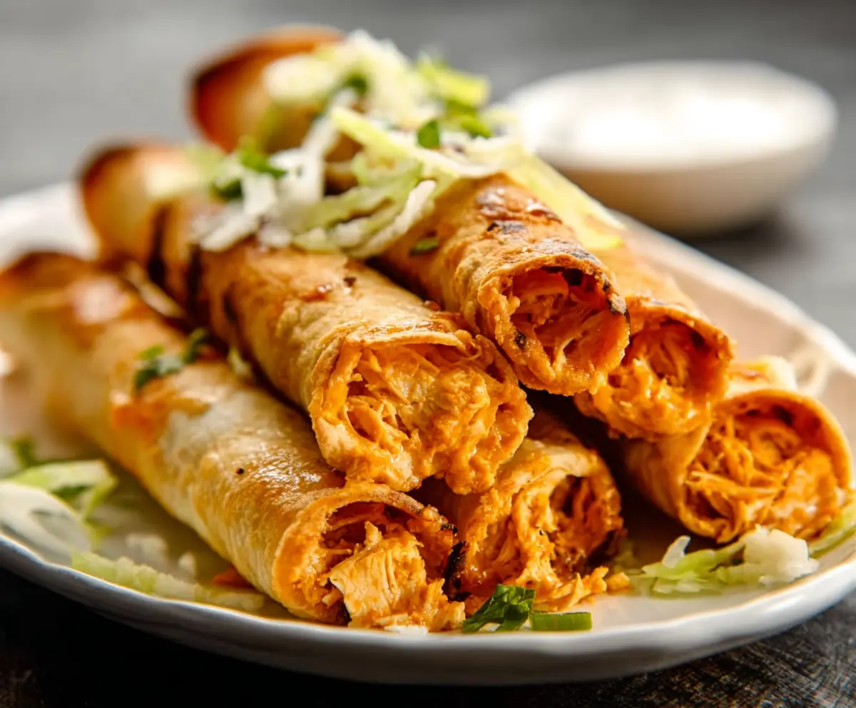 Crispy Buffalo Chicken Taquitos served with dipping sauce on a plate.