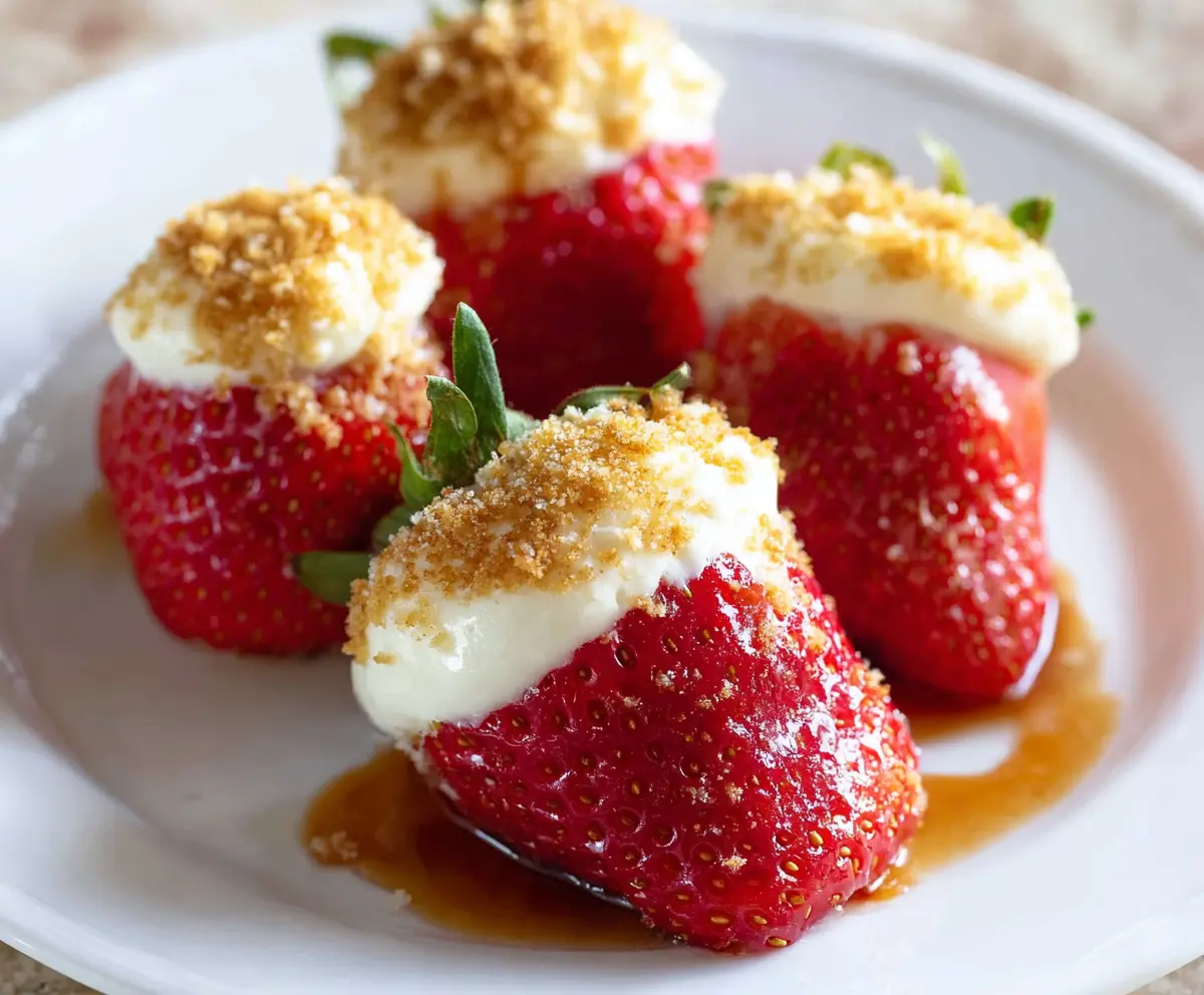 Delicious cheesecake stuffed strawberries served as a sweet dessert treat.