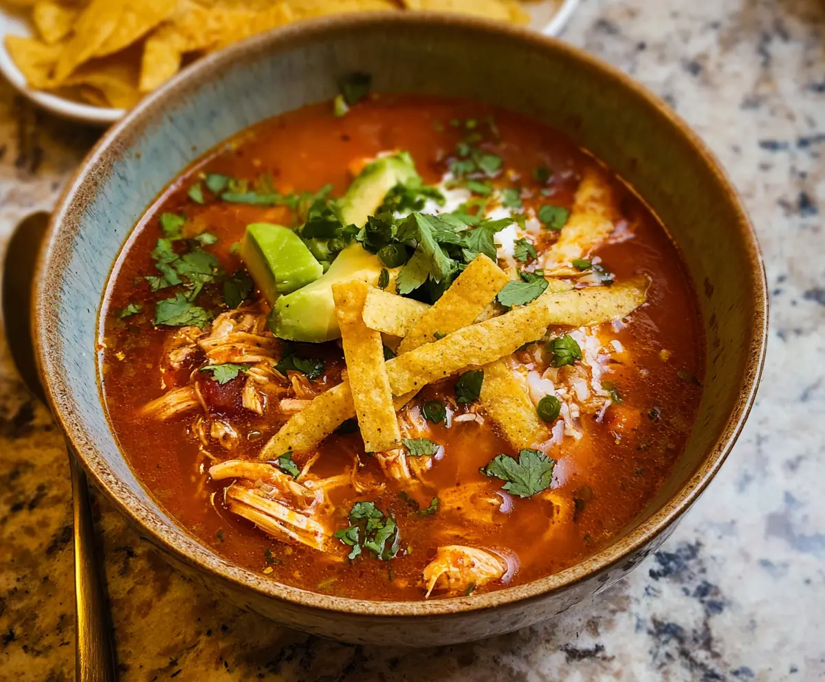 Delicious homemade chicken tortilla soup with fresh vegetables and melted cheese in a cozy bowl.