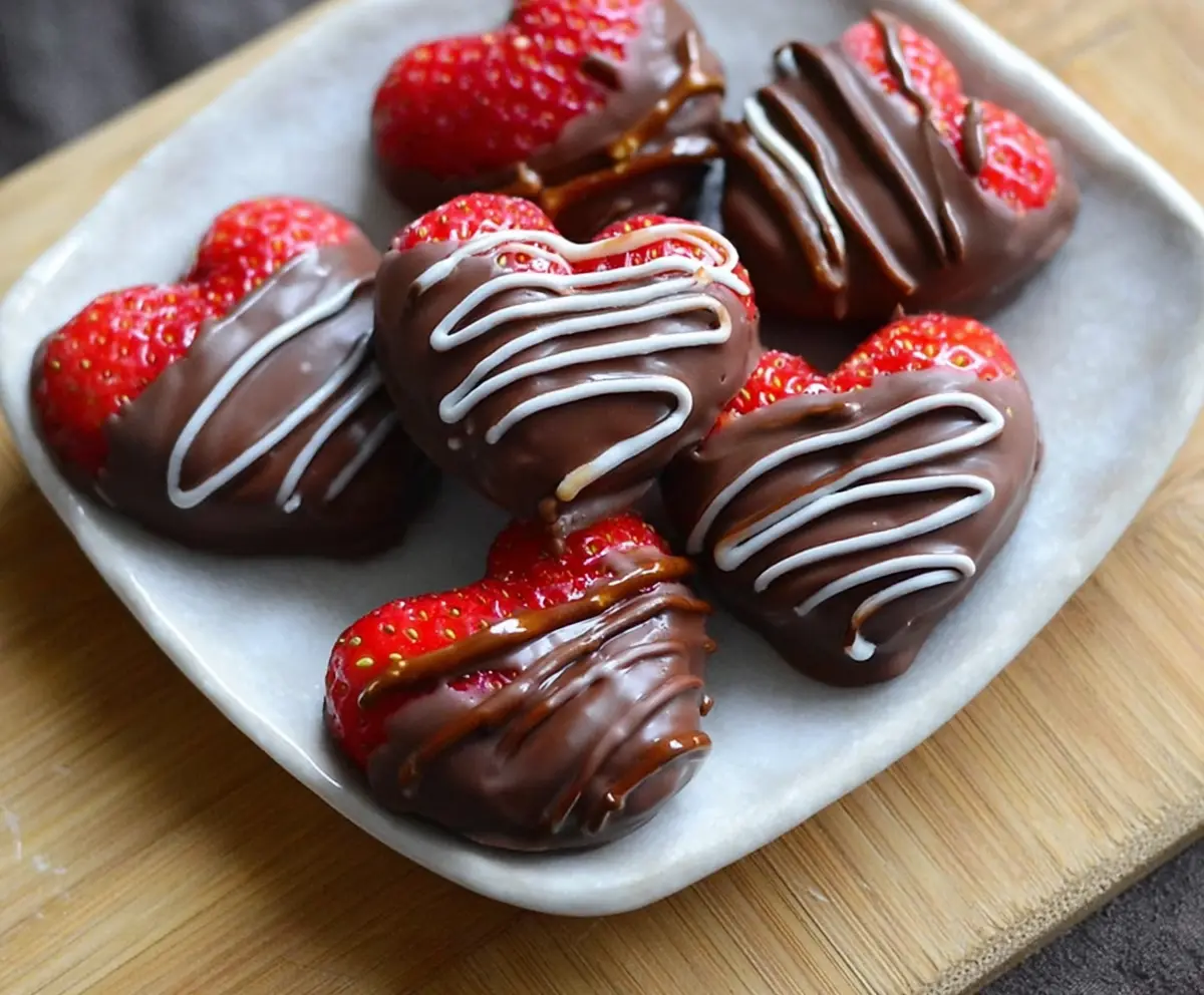 Delicious chocolate-dipped strawberry pretzel hearts on a plate, perfect for Valentine's Day treats.