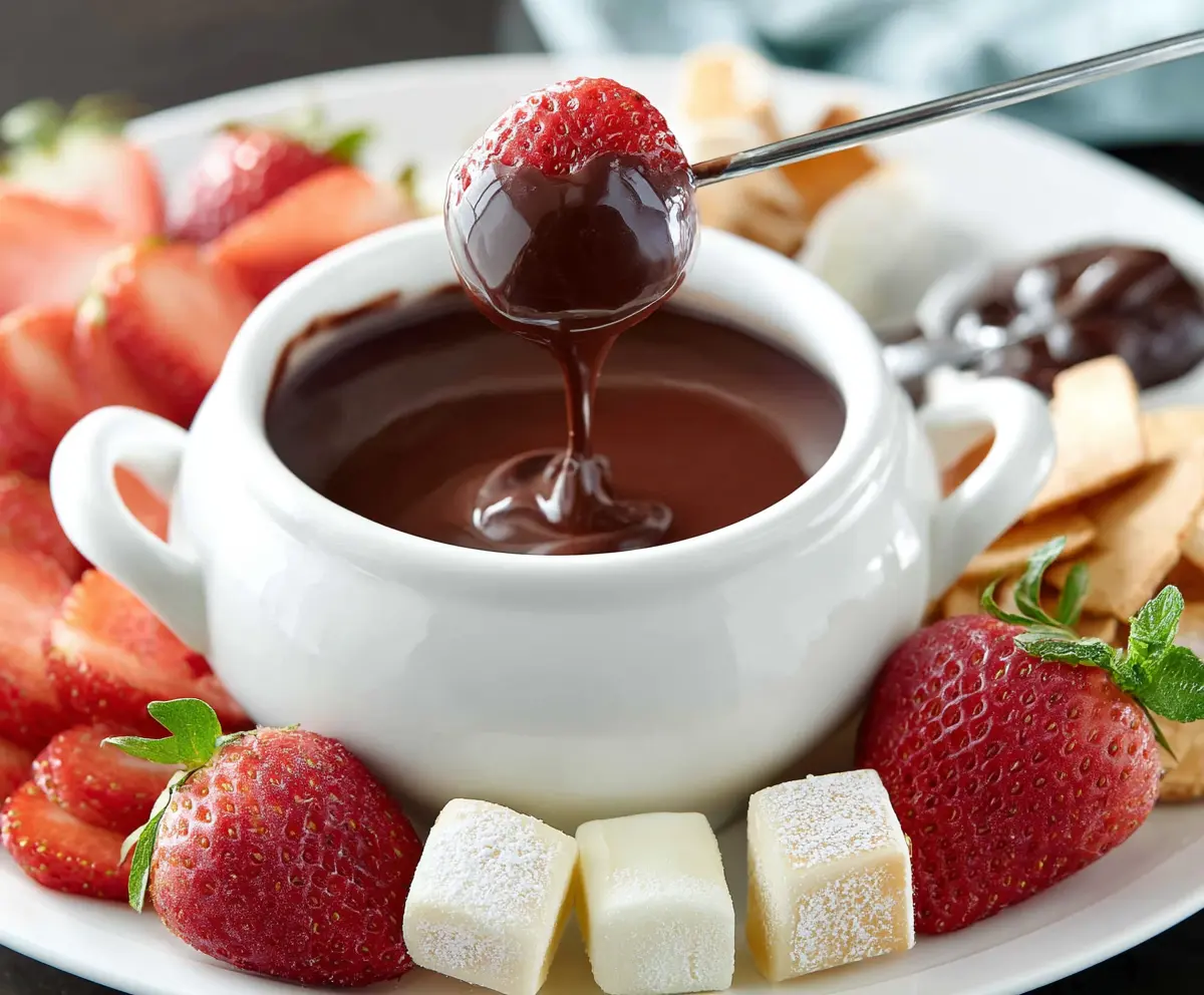 Rich melting chocolate fondue served for two with fresh fruits and marshmallows. Perfect for a romantic dessert.