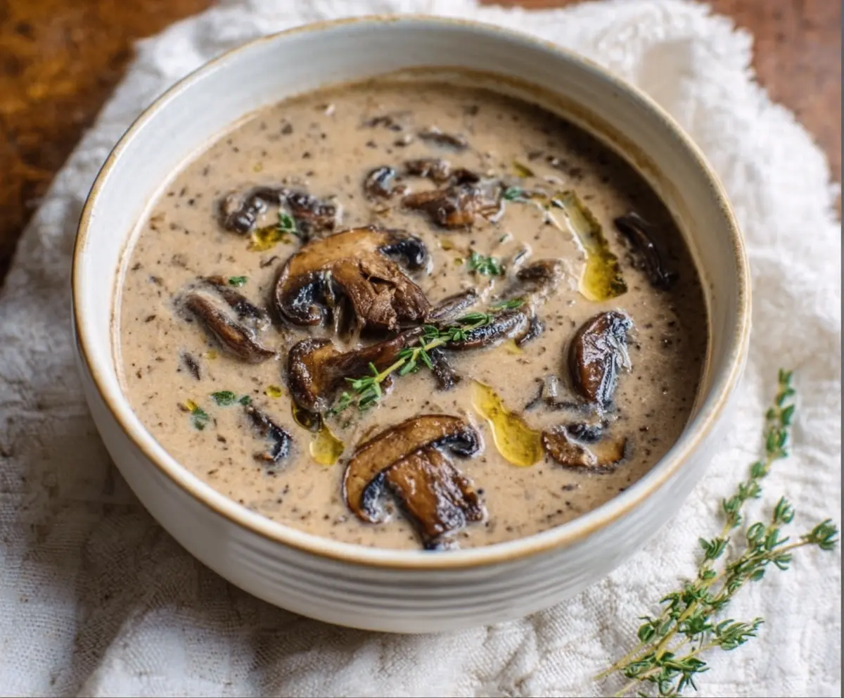Creamy mushroom thyme soup in a bowl with fresh herbs and bread on the side