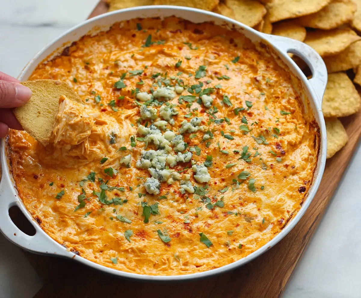 Creamy spicy buffalo chicken dip served in a bowl with celery sticks and tortilla chips, perfect for parties.