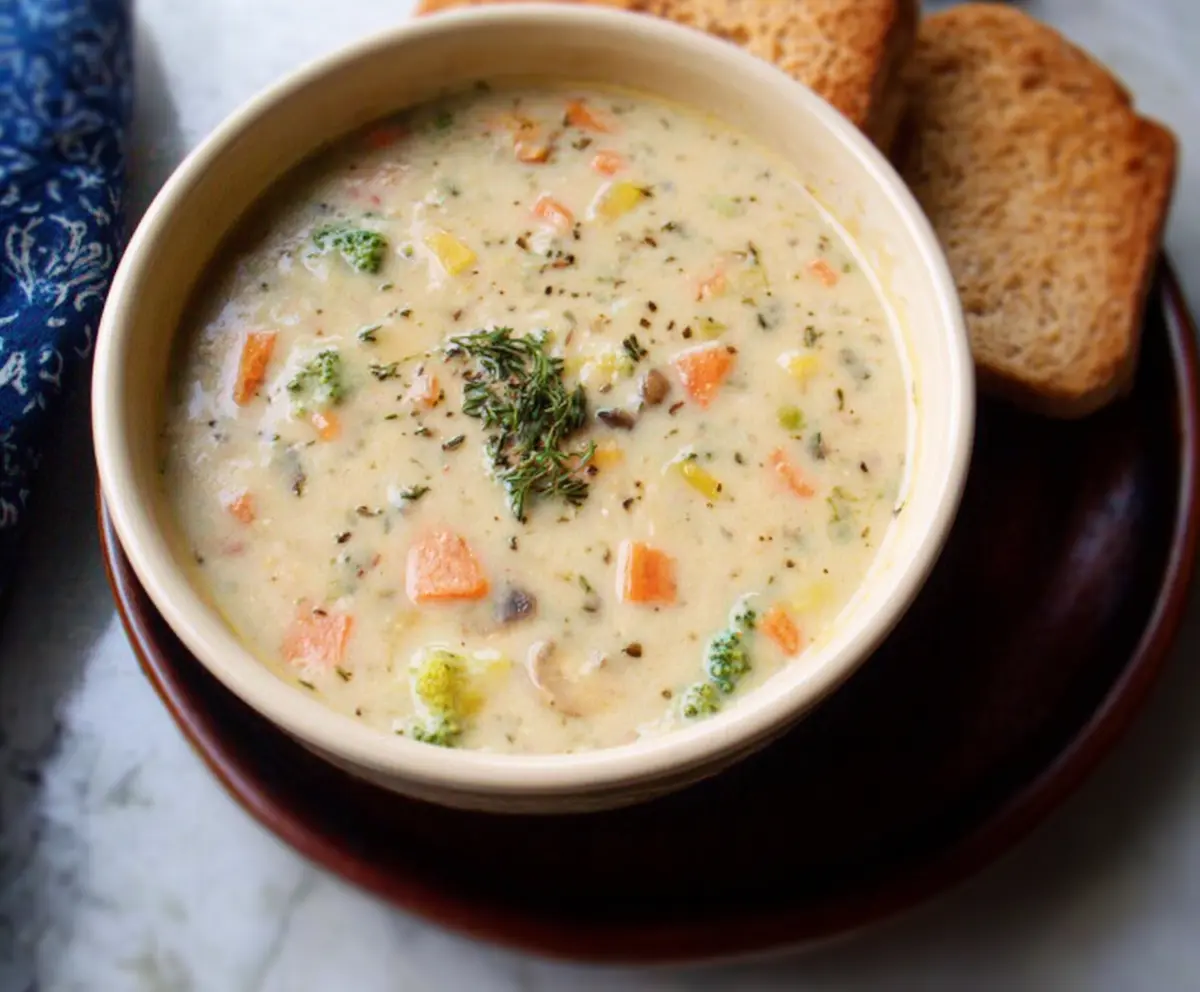 Delicious creamy vegetable soup in a bowl garnished with fresh herbs, perfect for a healthy meal.