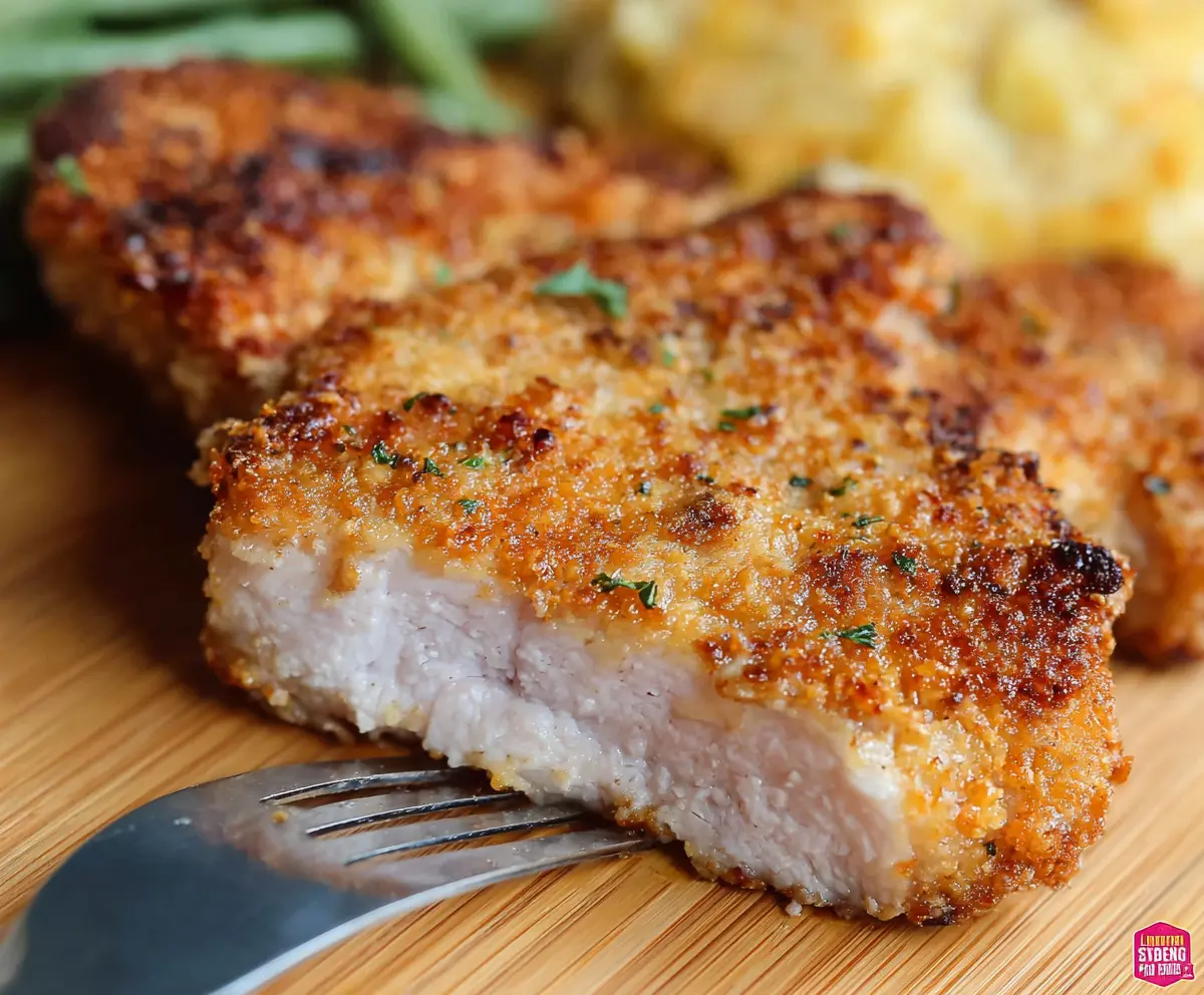Golden crispy air fryer pork chops served with herbs on a white plate