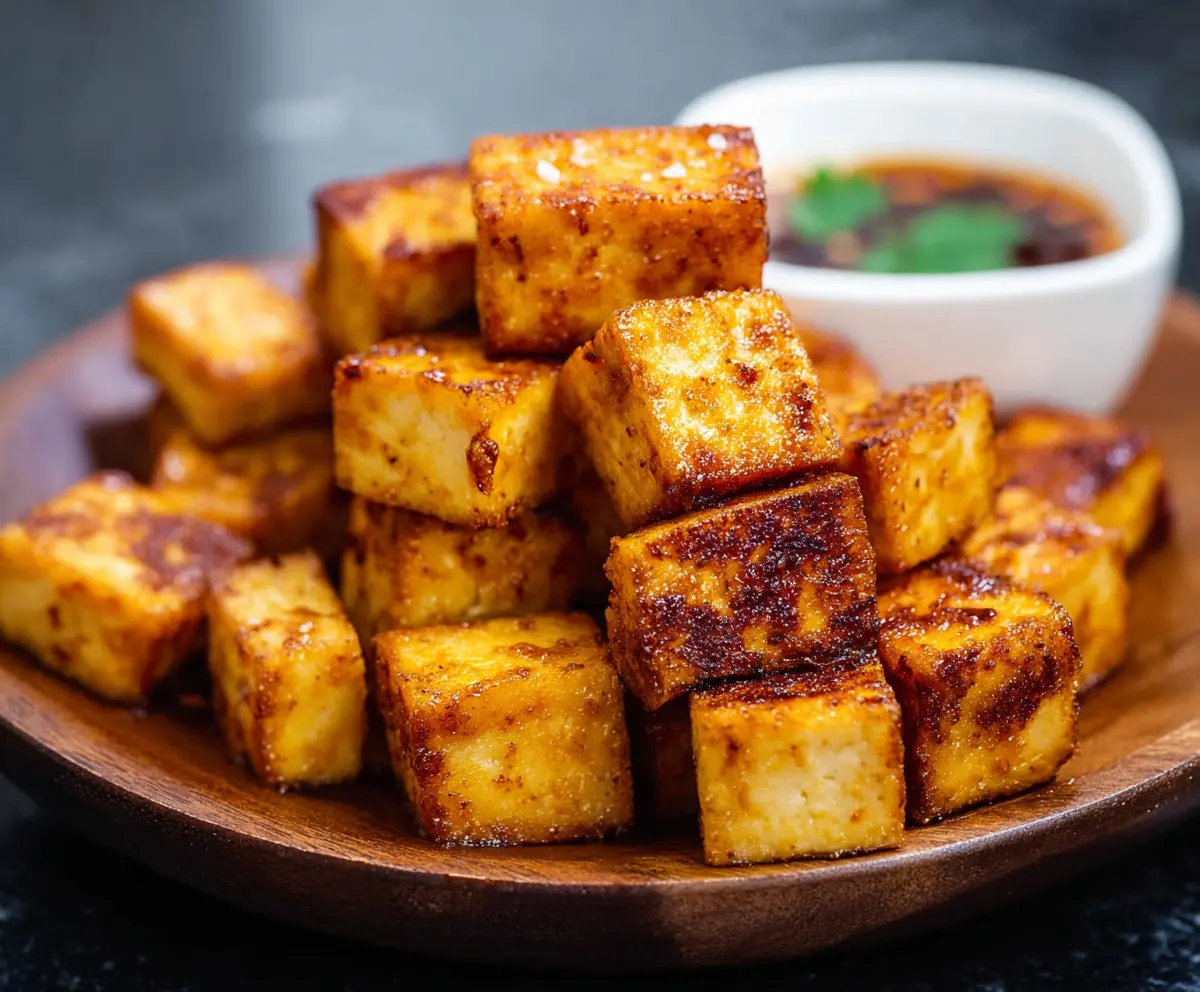 Crispy baked tofu cubes served on a plate with fresh vegetables, vegetarian healthy meal