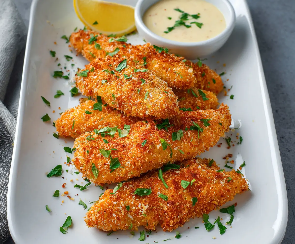 Golden and crispy oven-baked chicken tenders served with a side of fresh vegetables.