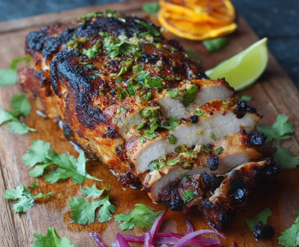 Juicy Cuban Mojo Marinated Pork served with fresh herbs and citrus slices on a rustic platter.