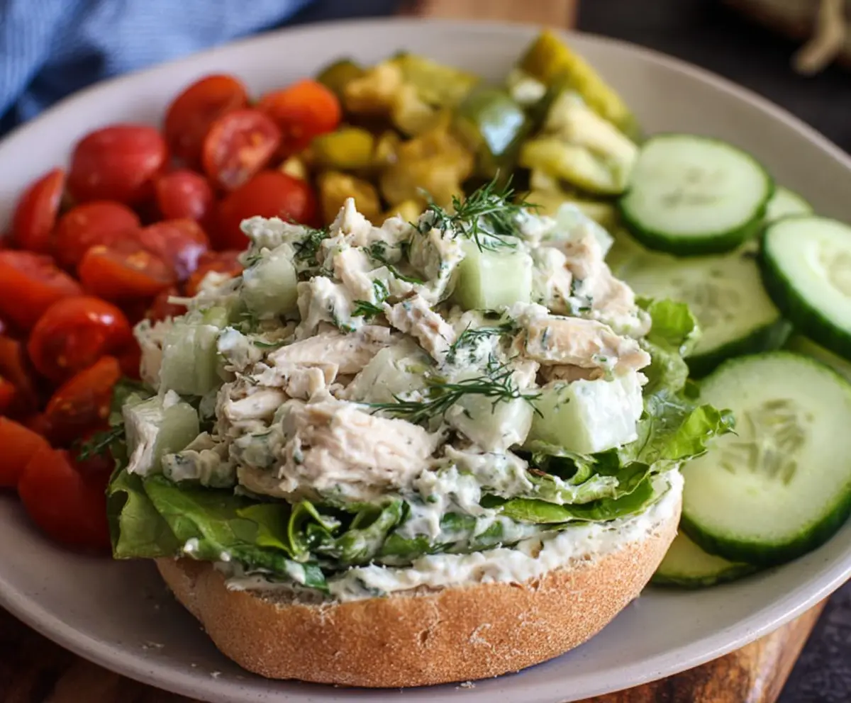 Refreshing Cucumber Dill Greek Yogurt Rotisserie Chicken Salad in a bowl