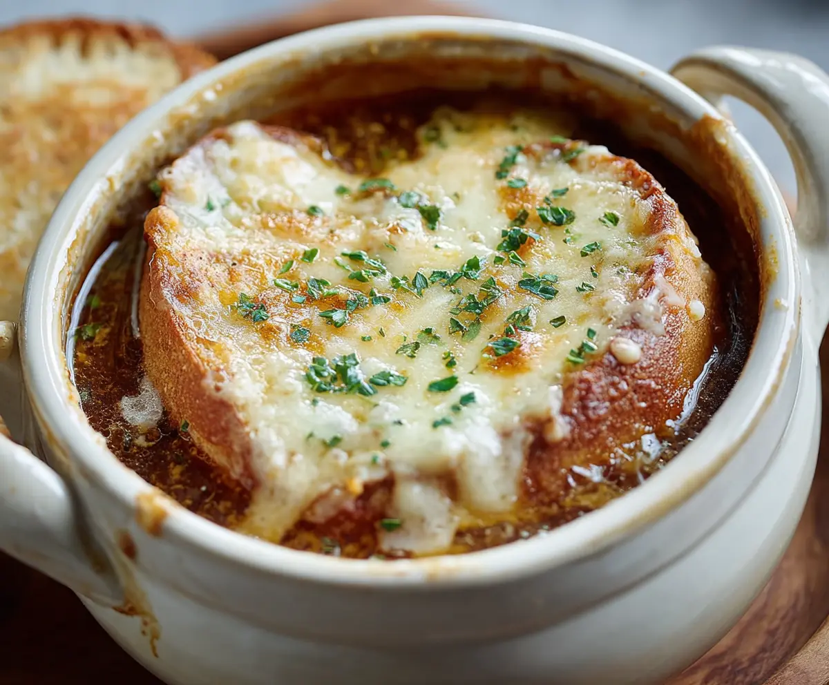 Rich and savory French Onion Soup garnished with melted cheese and crispy bread slices in a rustic bowl.