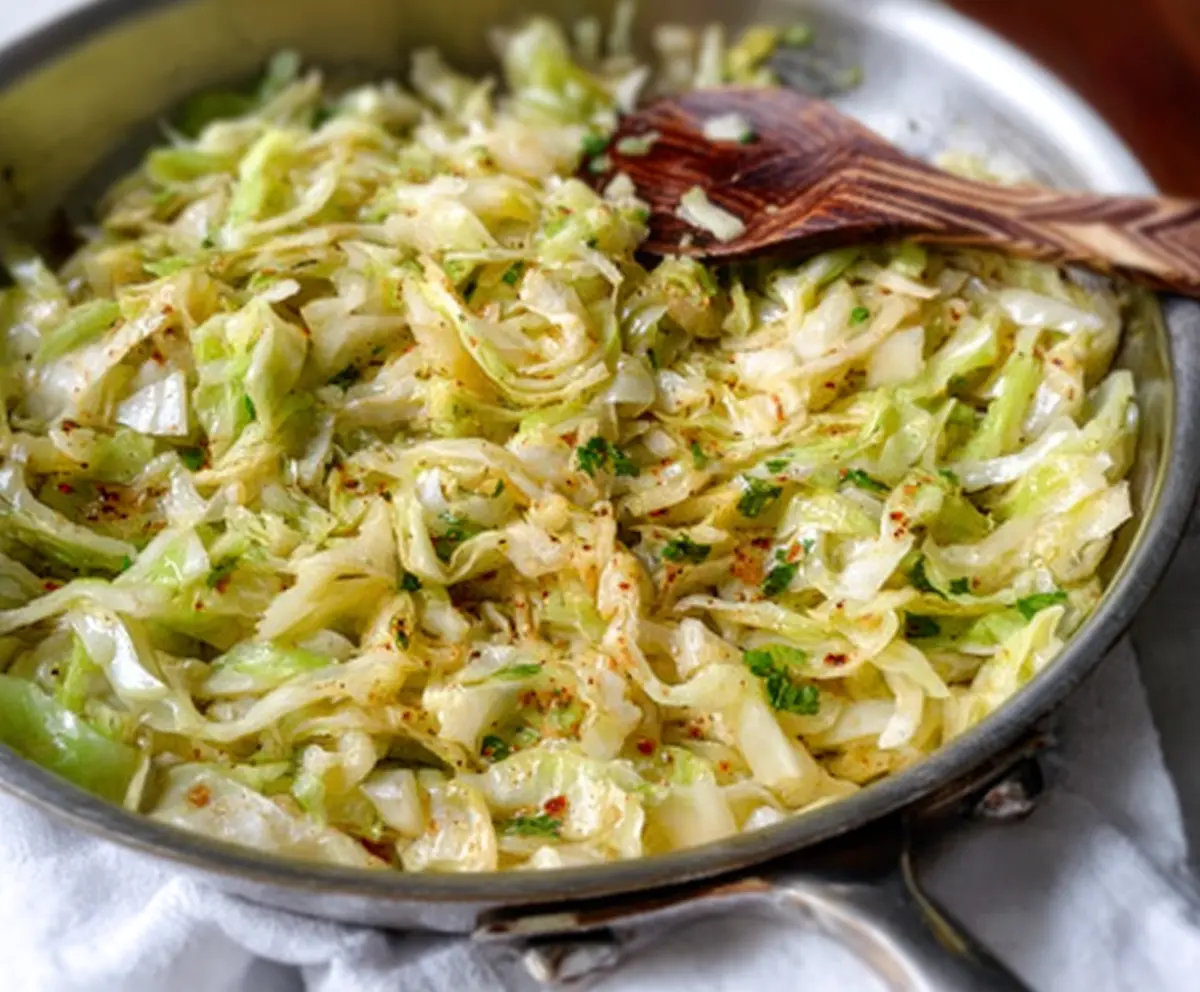 Delicious garlic butter sautéed cabbage served as a healthy side dish