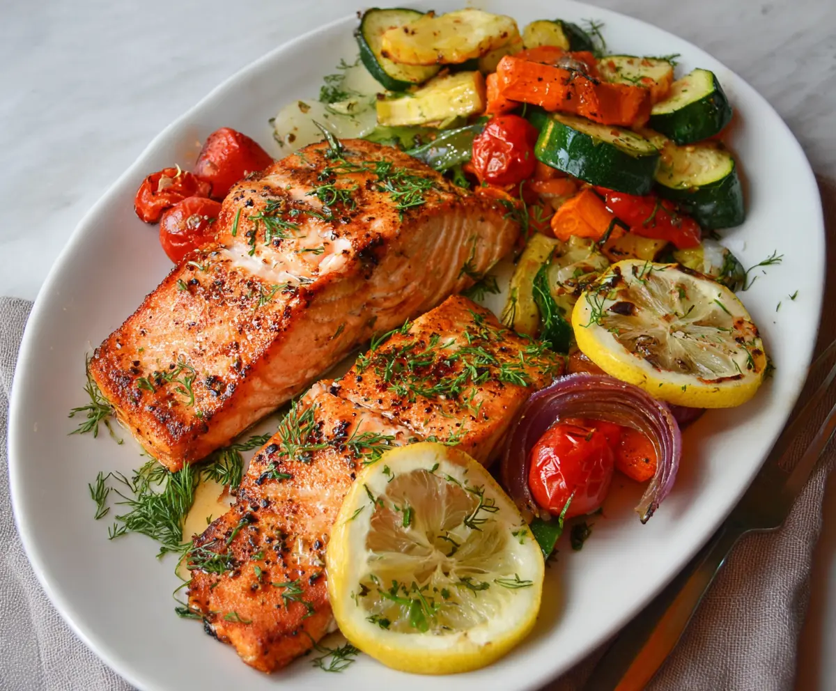 Delicious grilled salmon served with a colorful roasted vegetable medley, perfect for a healthy meal.