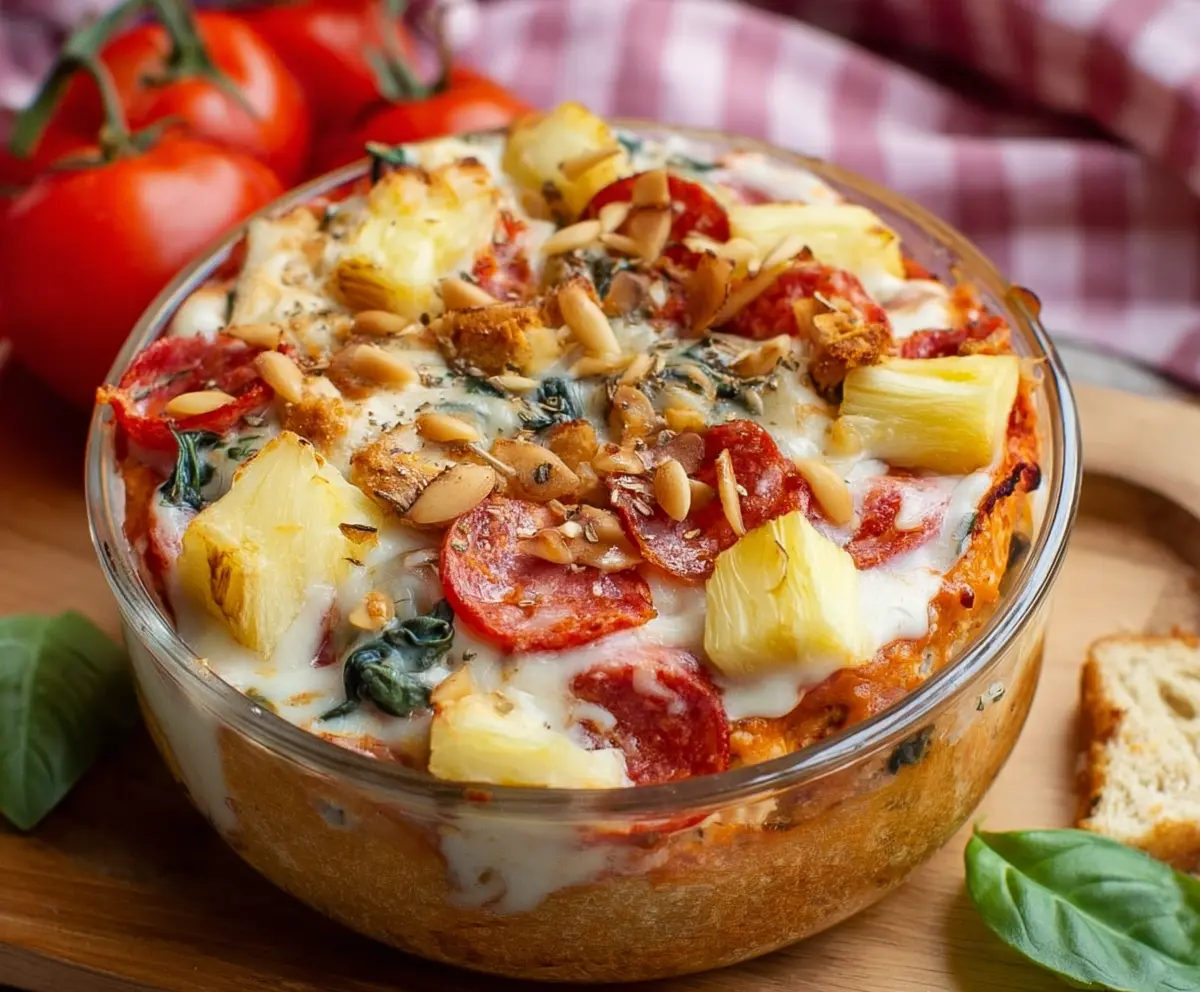 Healthy cottage cheese pizza bowl with fresh vegetables and melted cheese on a rustic plate