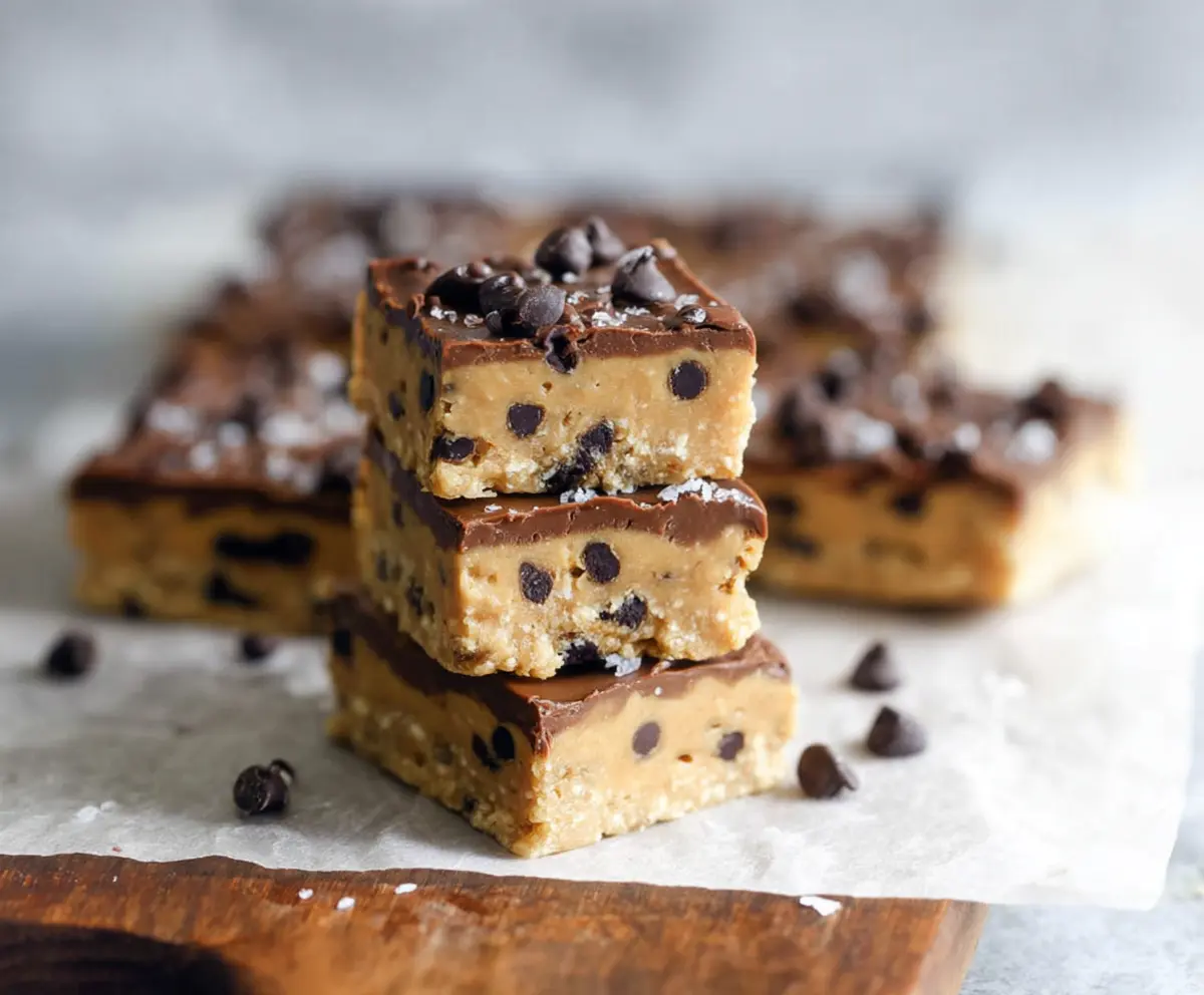 Healthy no bake cookie dough bars on a plate with fresh fruit