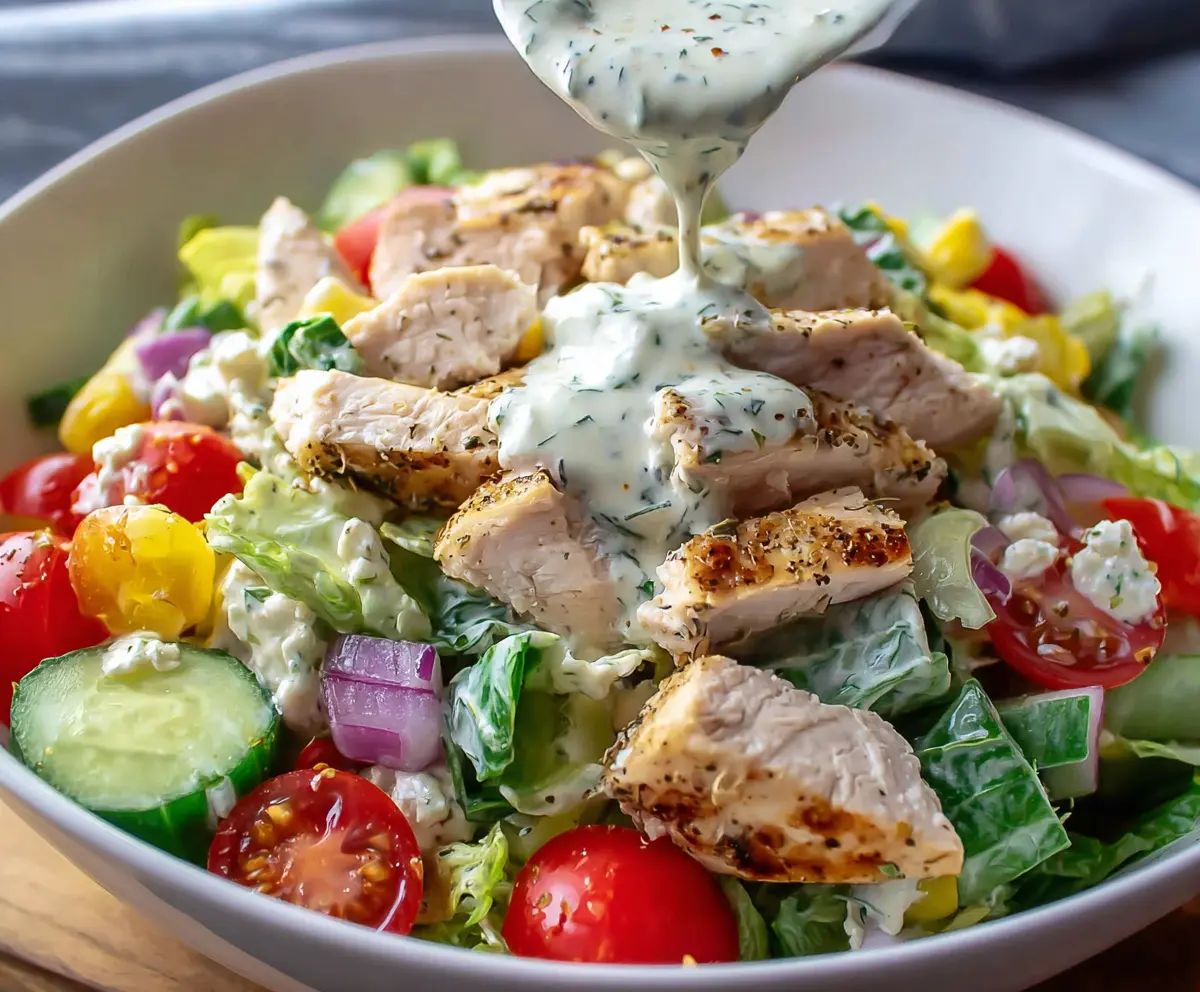 Healthy Ranch Chicken Salad featuring grilled chicken, fresh vegetables, and creamy ranch dressing in a bowl.