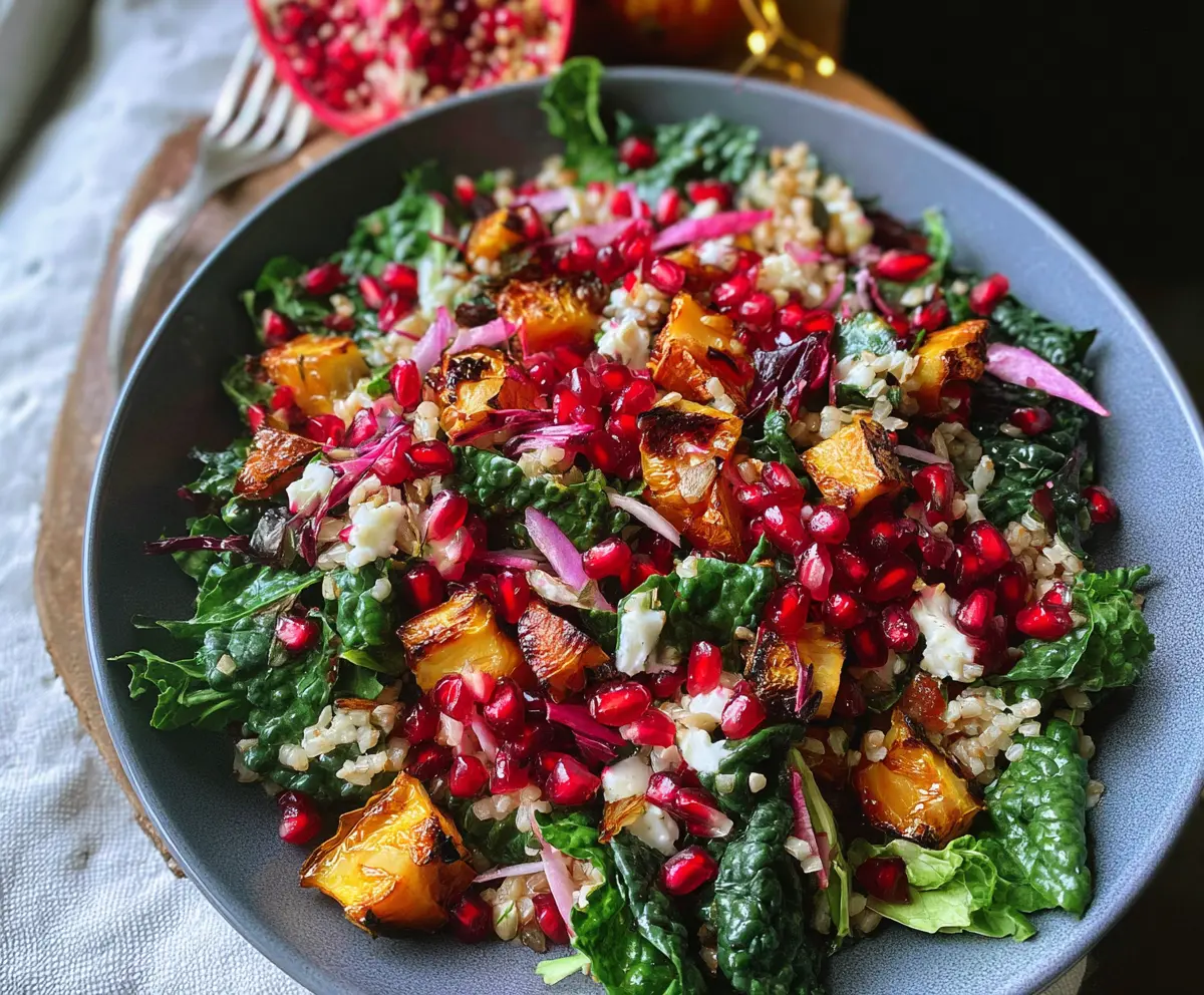 Fresh healthy winter salad with pomegranate seeds and mixed greens.