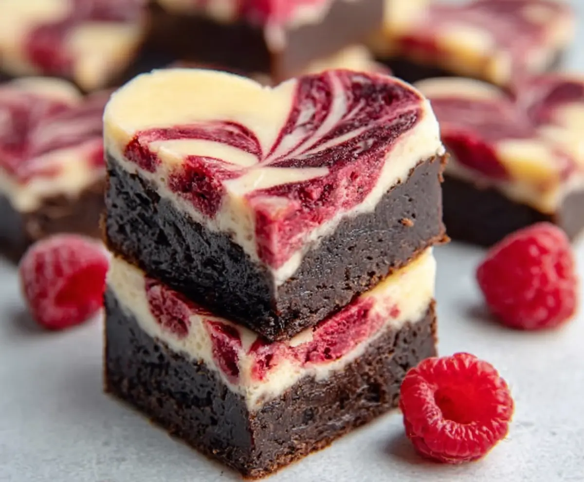 Delicious heart-shaped brownies with raspberry swirl and creamy cheesecake topping for a romantic dessert.