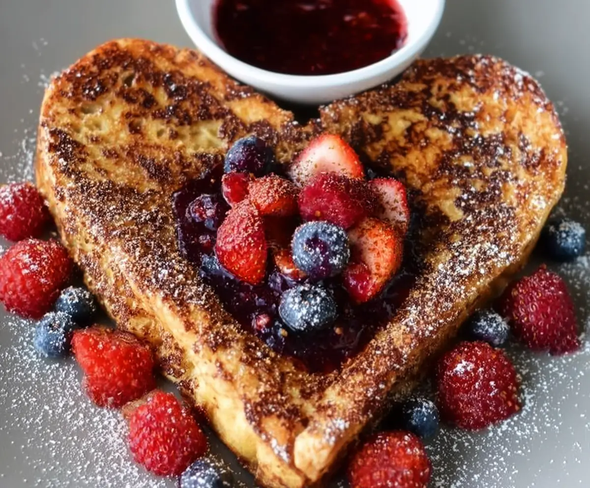 Delicious heart-shaped French toast served with vibrantberry compote for a romantic breakfast.