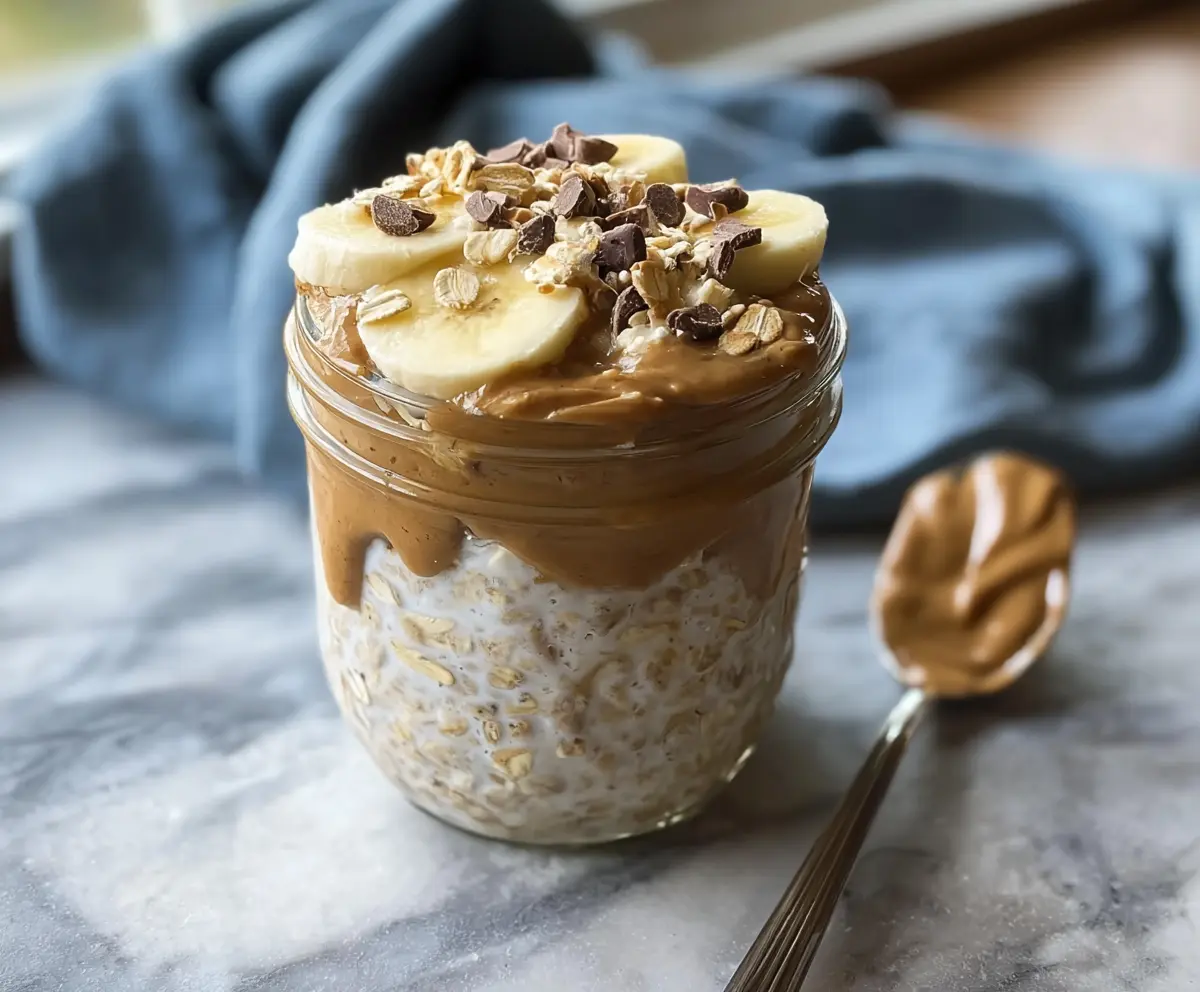 Healthy high-protein peanut butter overnight oats in a jar with fresh berries and chia seeds.