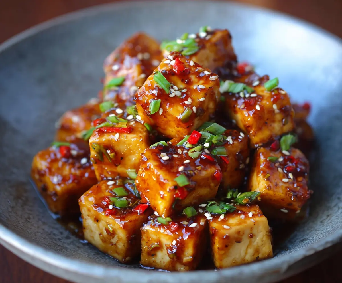 Golden crispy honey garlic tofu stir-fry with fresh vegetables on a white plate.