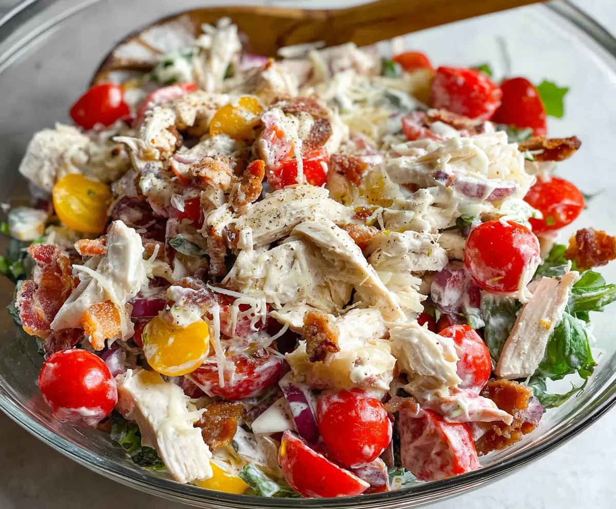 Delicious Italian Grinder Chicken Salad with fresh vegetables and savory herbs served on a plate.