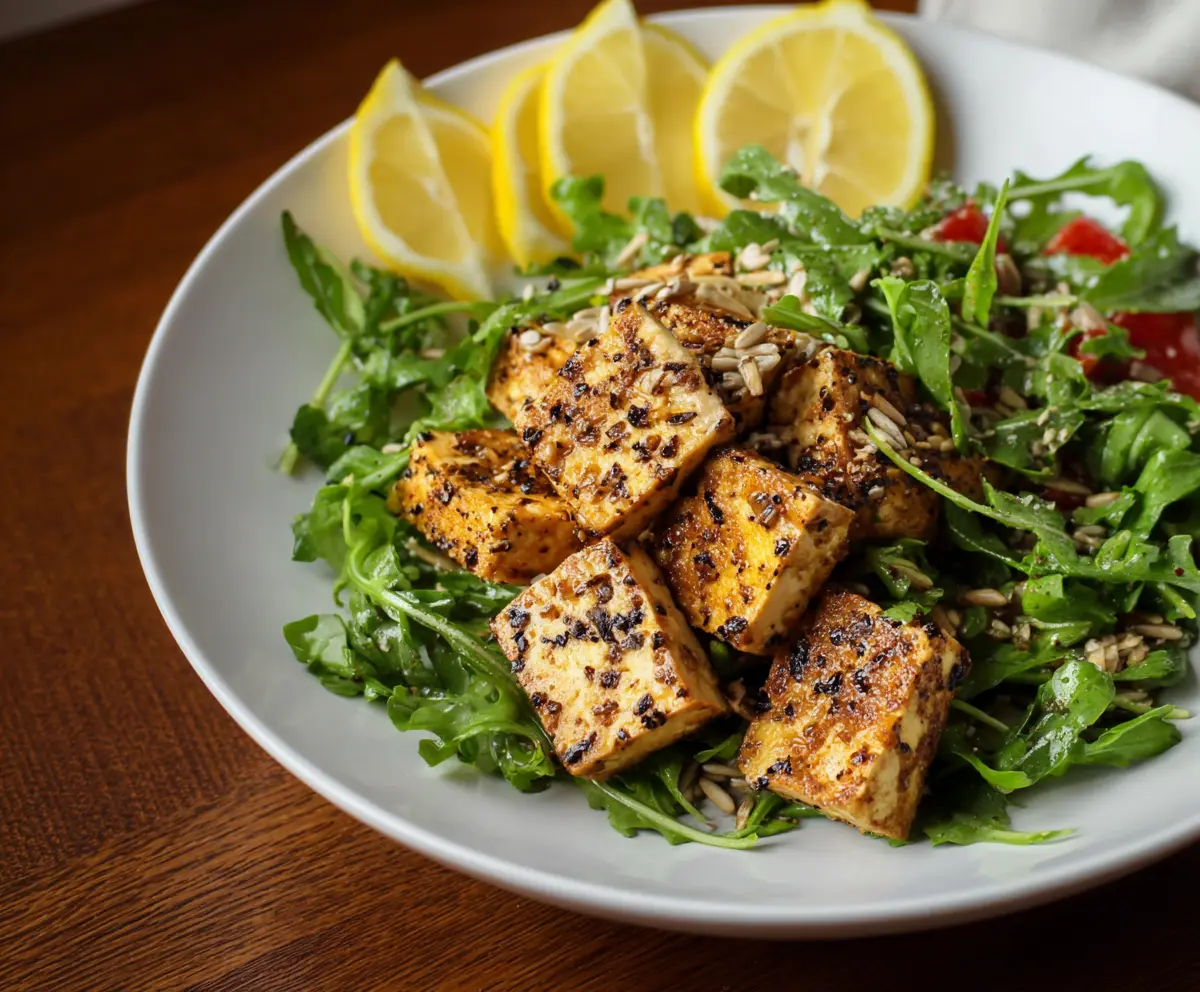 Delicious Lemon-Garlic Tofu served with fresh Arugula Salad on a white plate.