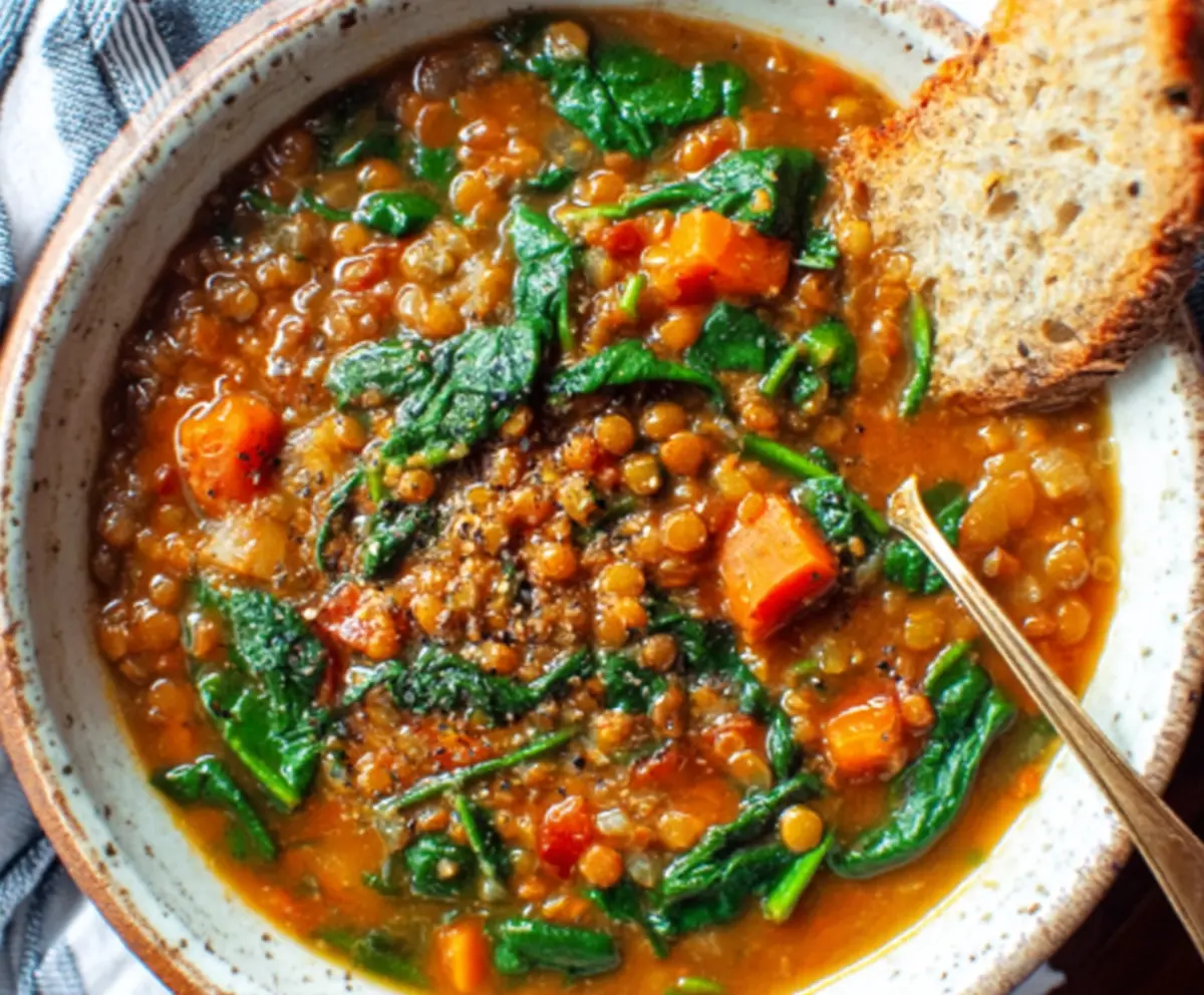 Hearty Lentil and Spinach Soup in a bowl, garnished with fresh herbs, perfect for a nutritious meal.