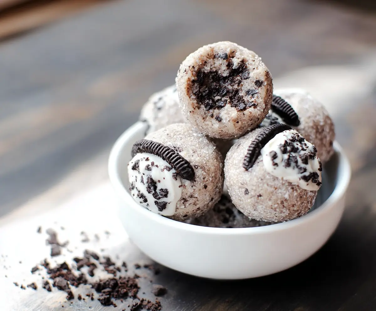 Healthy Oreo protein balls on a white plate, perfect for a nutritious snack