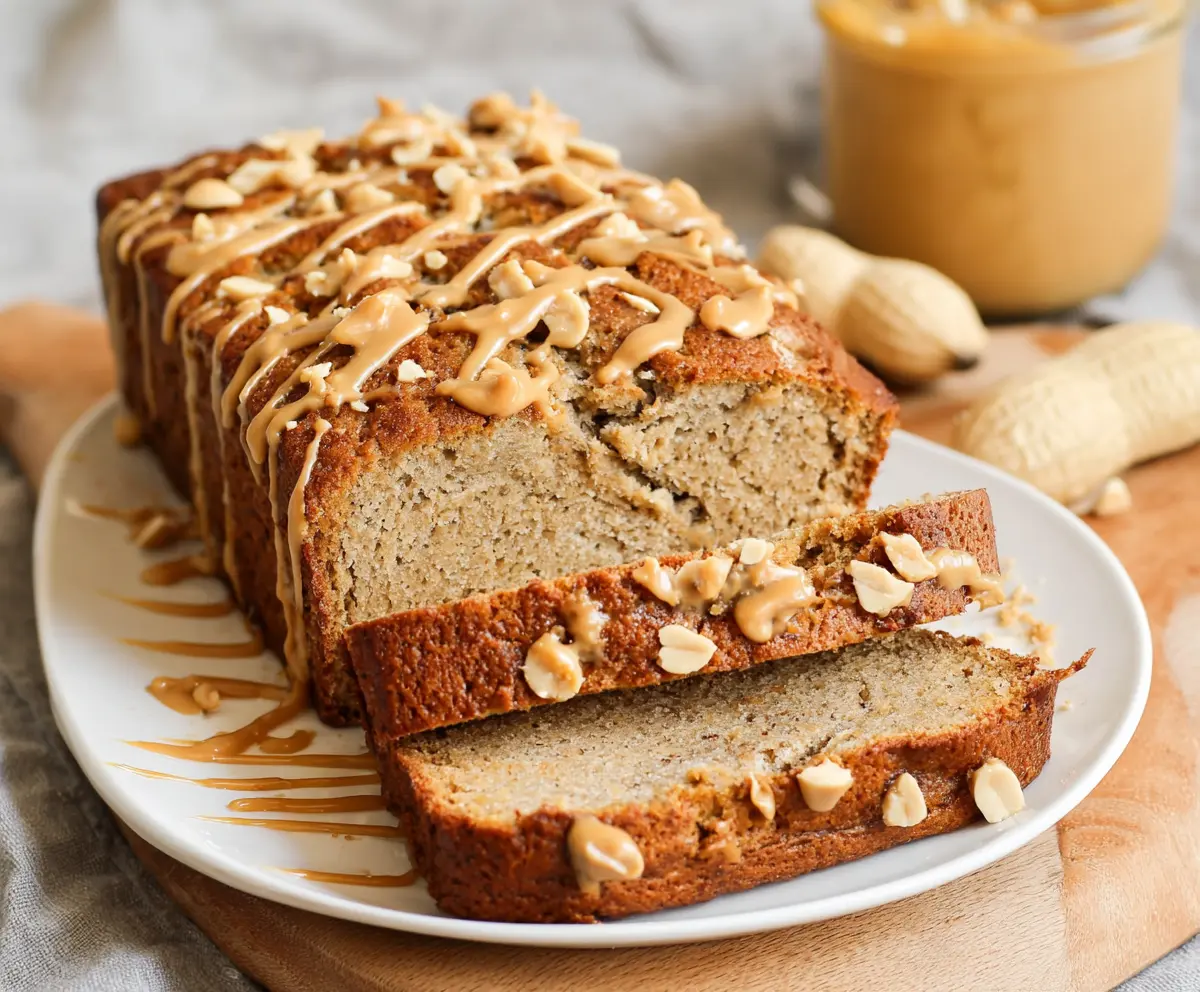 Delicious homemade peanut butter banana bread sliced and ready to serve.