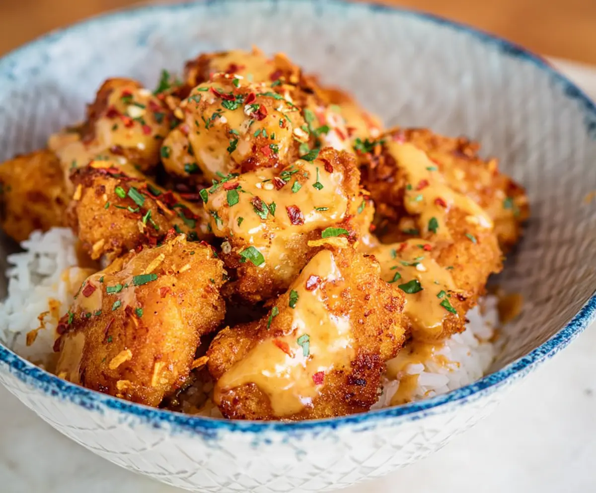 Crispy Air Fryer Bang Bang Chicken served with a spicy bang bang sauce on a white plate.