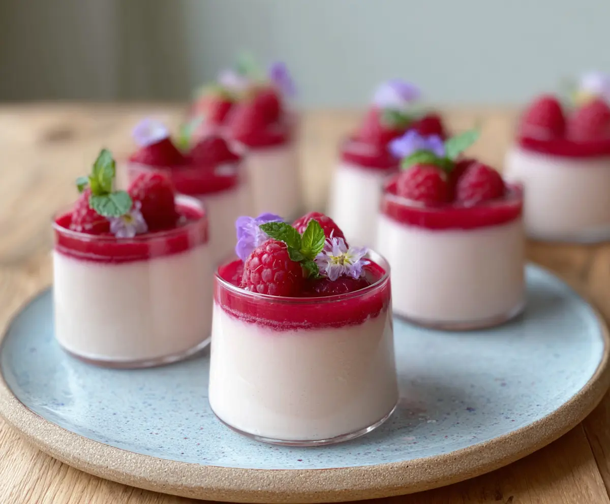 Elegant Raspberry Rose Panna Cotta served in small cups with fresh raspberries and edible rose petals.