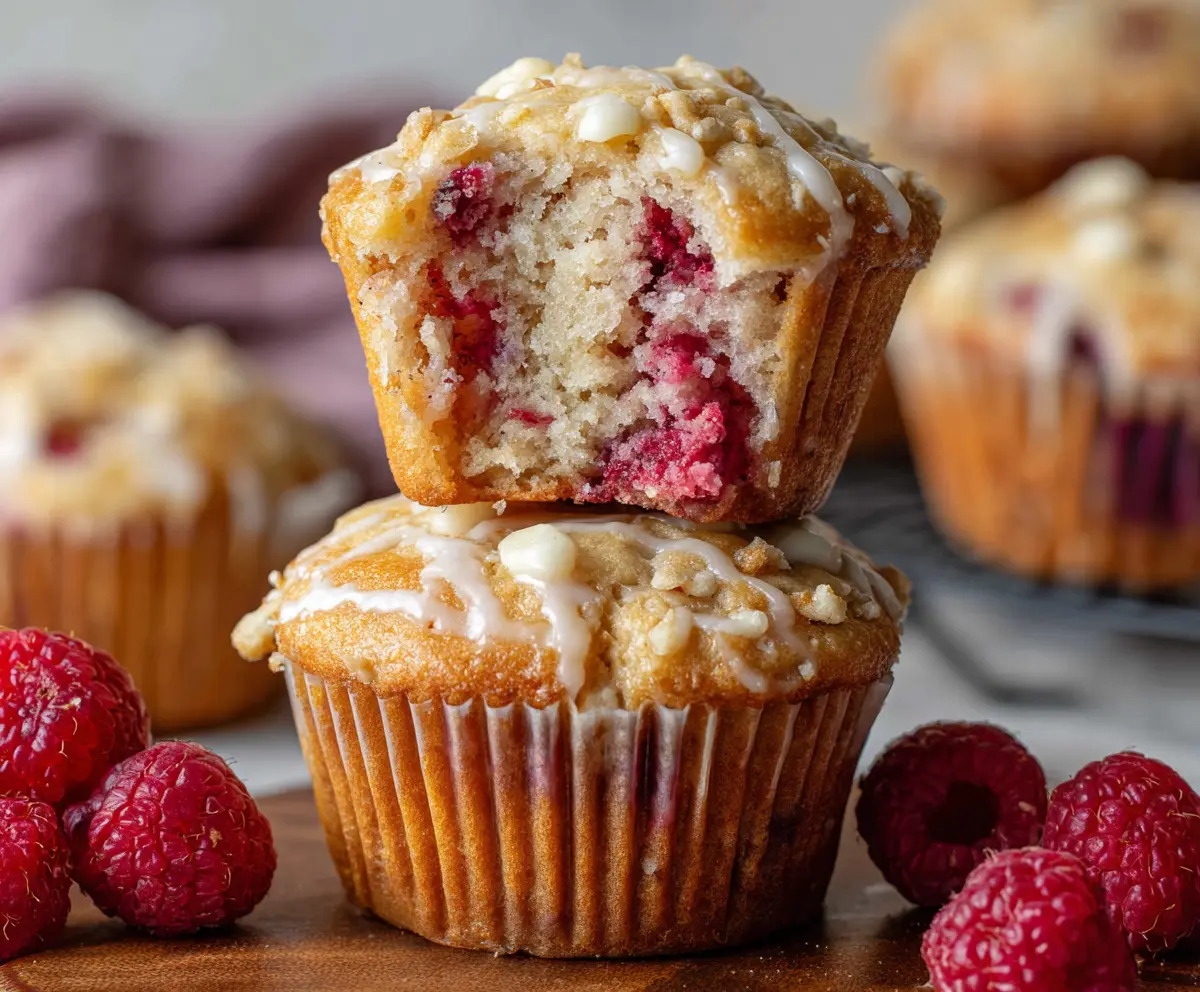 Delicious raspberry white chocolate muffins fresh out of the oven, showcasing a golden top sprinkled with raspberries and melting white chocolate.