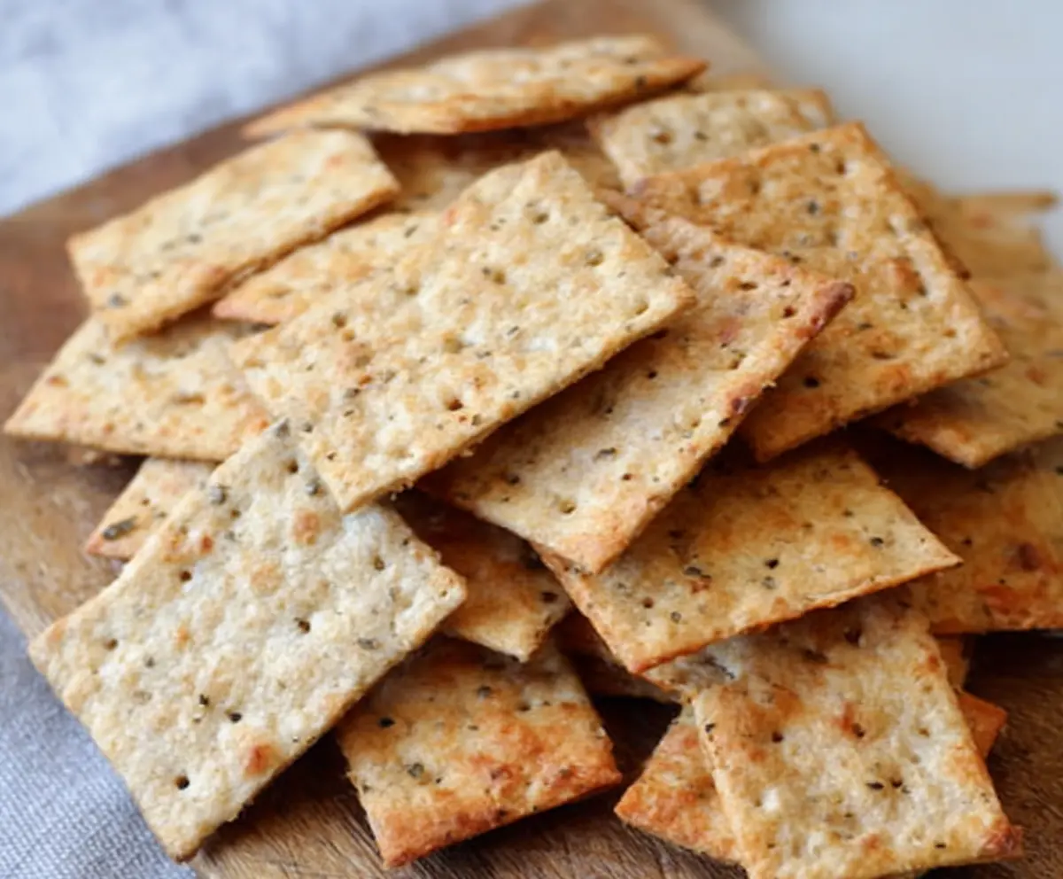 Crispy sourdough discard crackers served as a healthy snack on a wooden board.