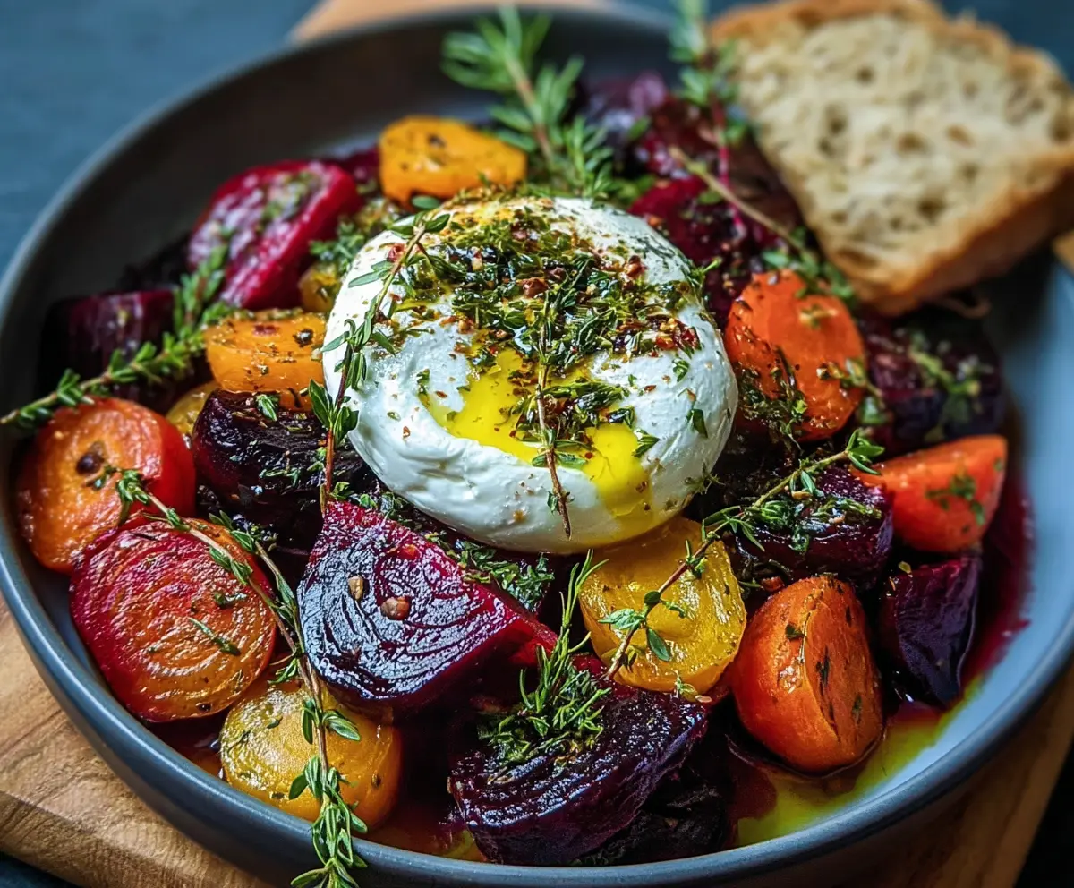 Colorful roasted beets and carrots salad topped with creamy burrata cheese, perfect for a healthy meal.