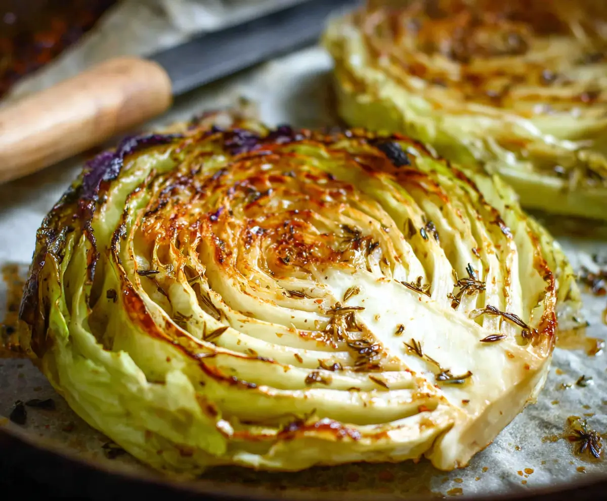 Delicious roasted cabbage steaks seasoned and baked to perfection, served as a healthy vegetarian main dish.