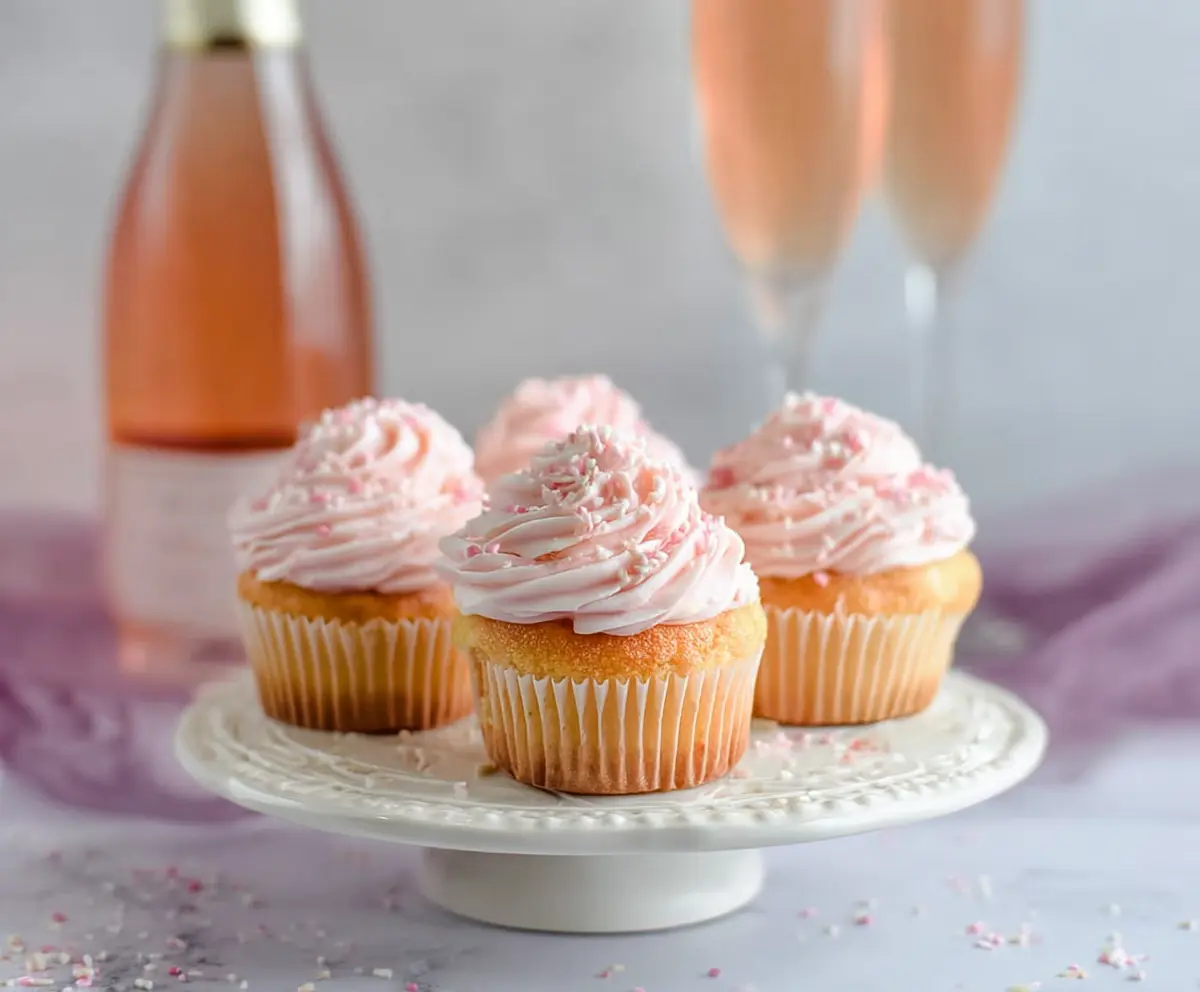 Delicious Rose Champagne Cupcakes topped with pink frosting and edible rose petals.