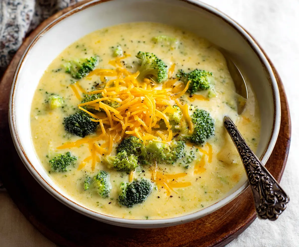 Hearty Savory Cheddar Broccoli Potato Stew in a bowl, topped with melted cheese and fresh broccoli florets