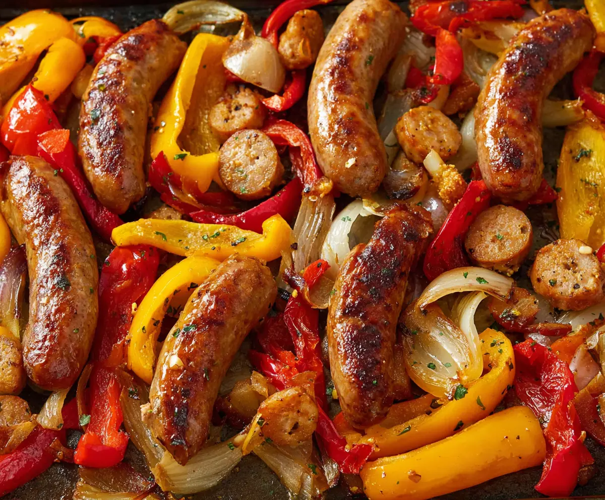 Delicious sheet pan sausage with colorful peppers and vegetables, easy dinner recipe