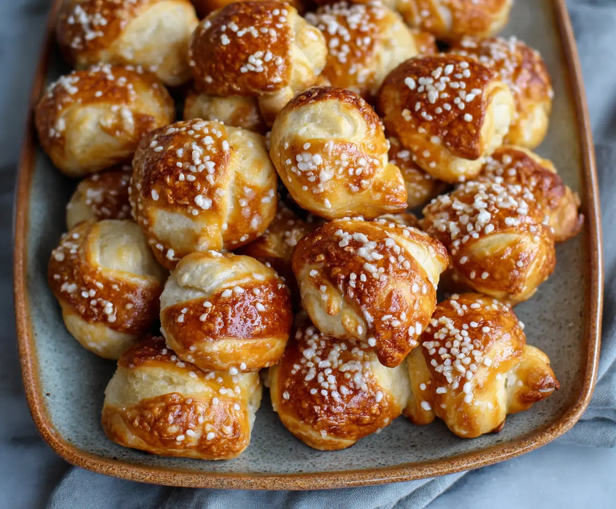 Delicious homemade sourdough discard soft pretzel bites on a rustic wooden surface.