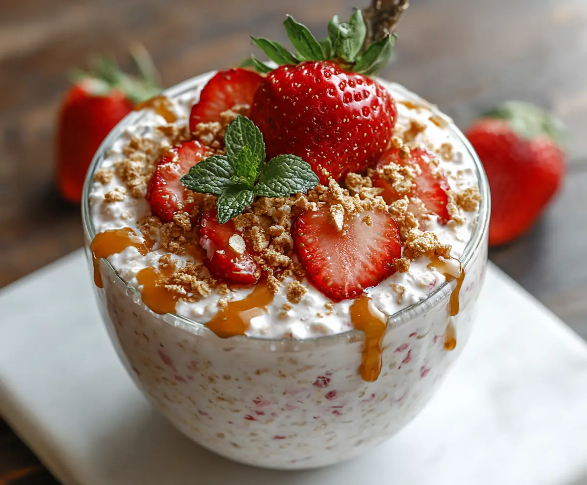 Creamy strawberry cheesecake overnight oats in a glass jar topped with fresh strawberries and mint.