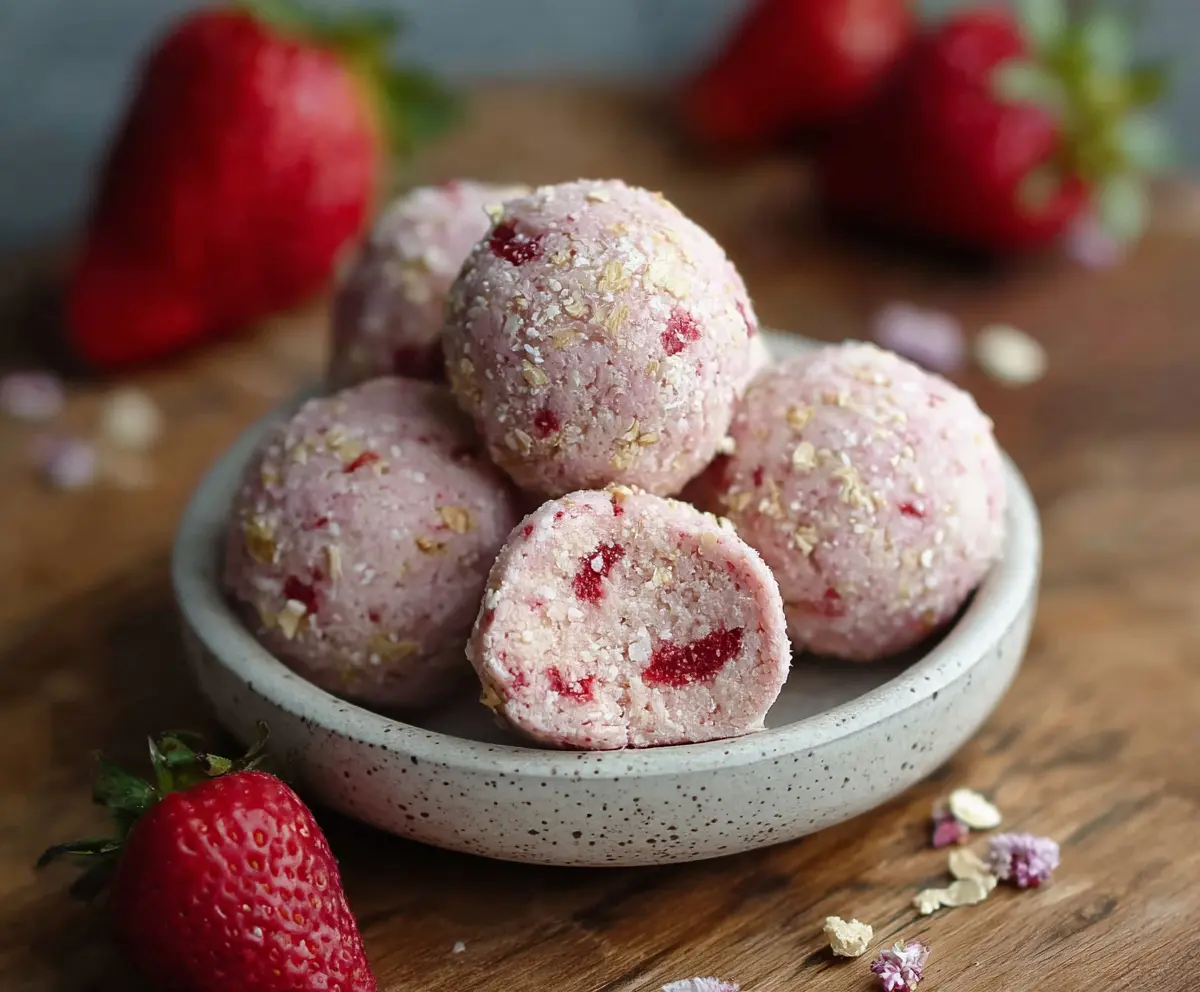 Delicious strawberry cheesecake protein balls on a white plate, perfect for a healthy snack.