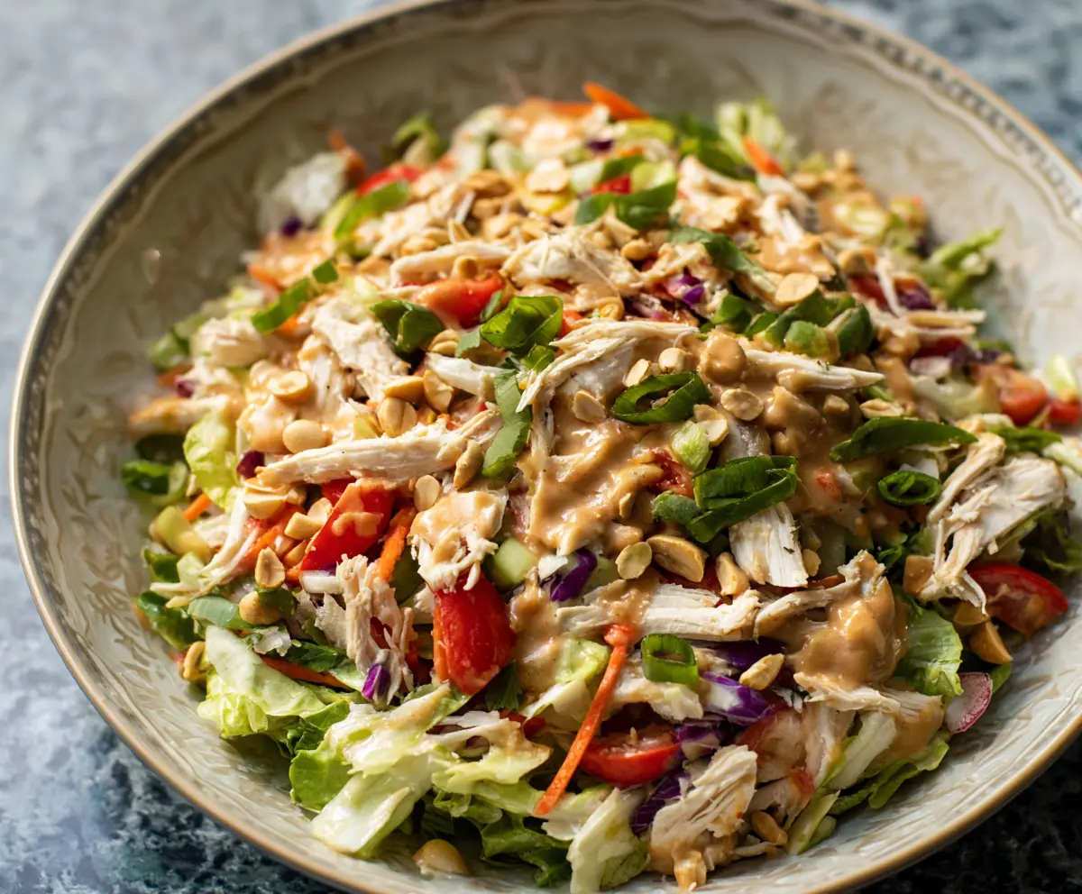 Delicious Thai Chicken Salad topped with fresh herbs and crunchy vegetables, drizzle with creamy peanut dressing.