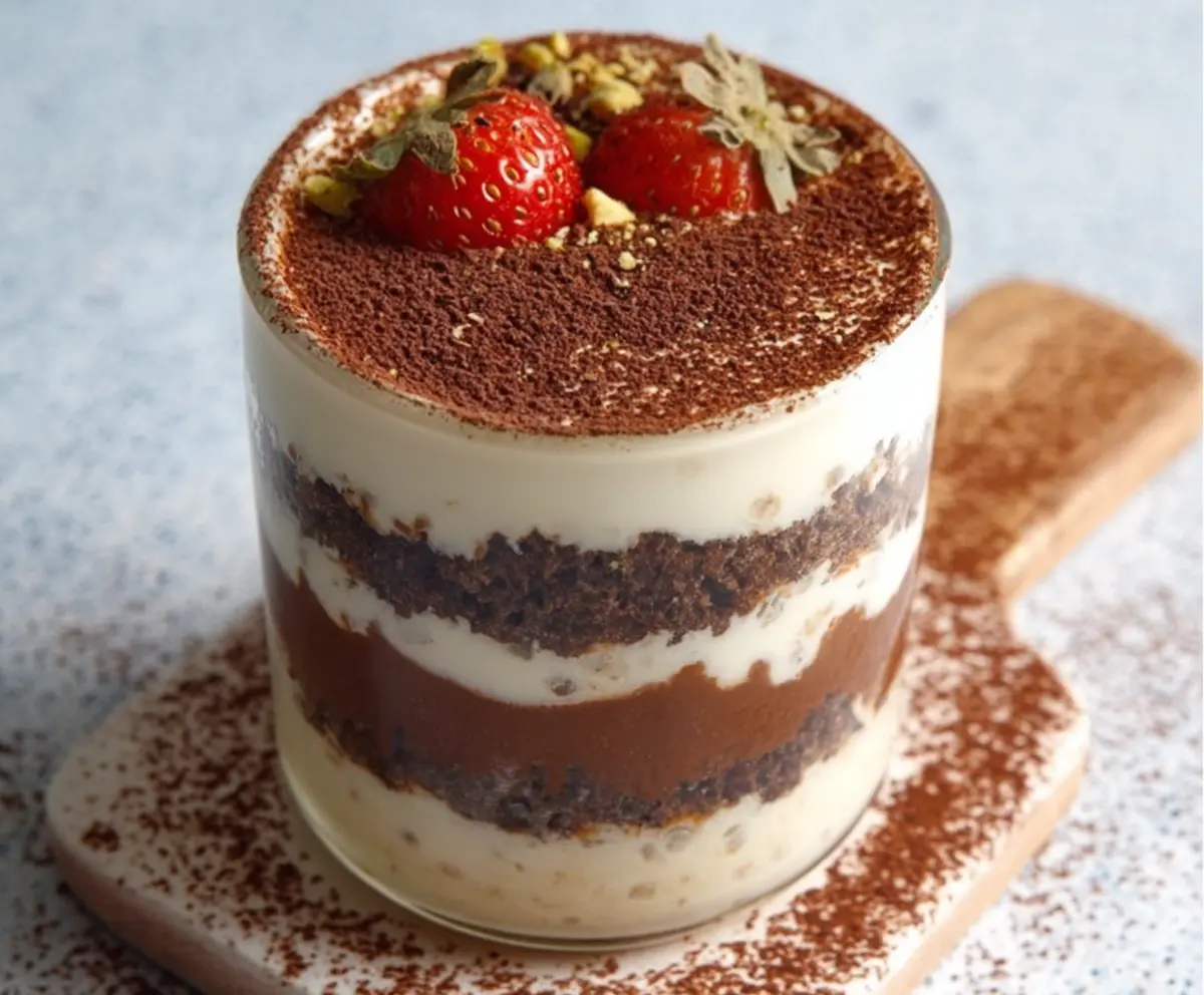 Delicious Tiramisu Overnight Oats in a glass jar with cocoa powder and coffee flavor