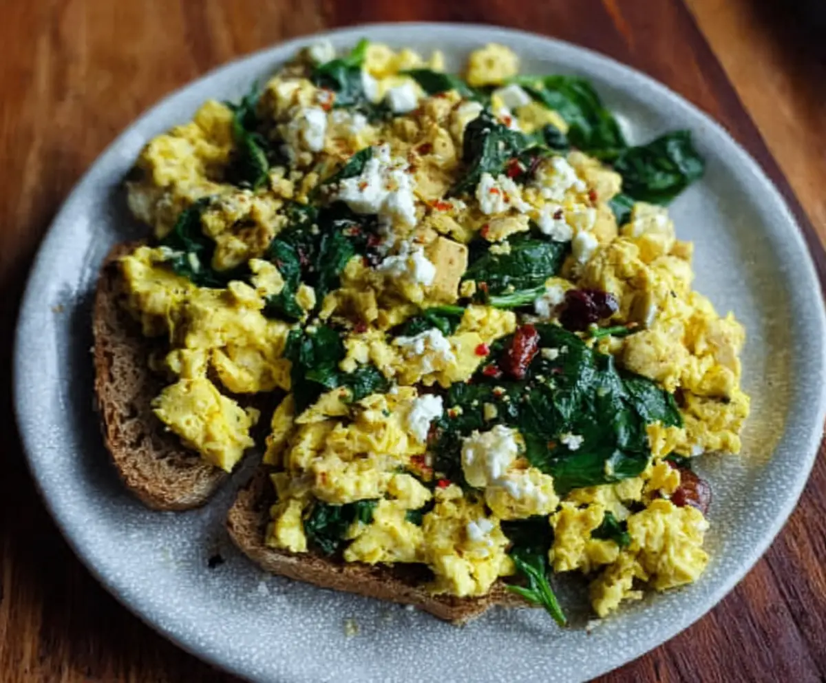 Delicious tofu and spinach breakfast scramble topped with feta cheese on a modern plate.