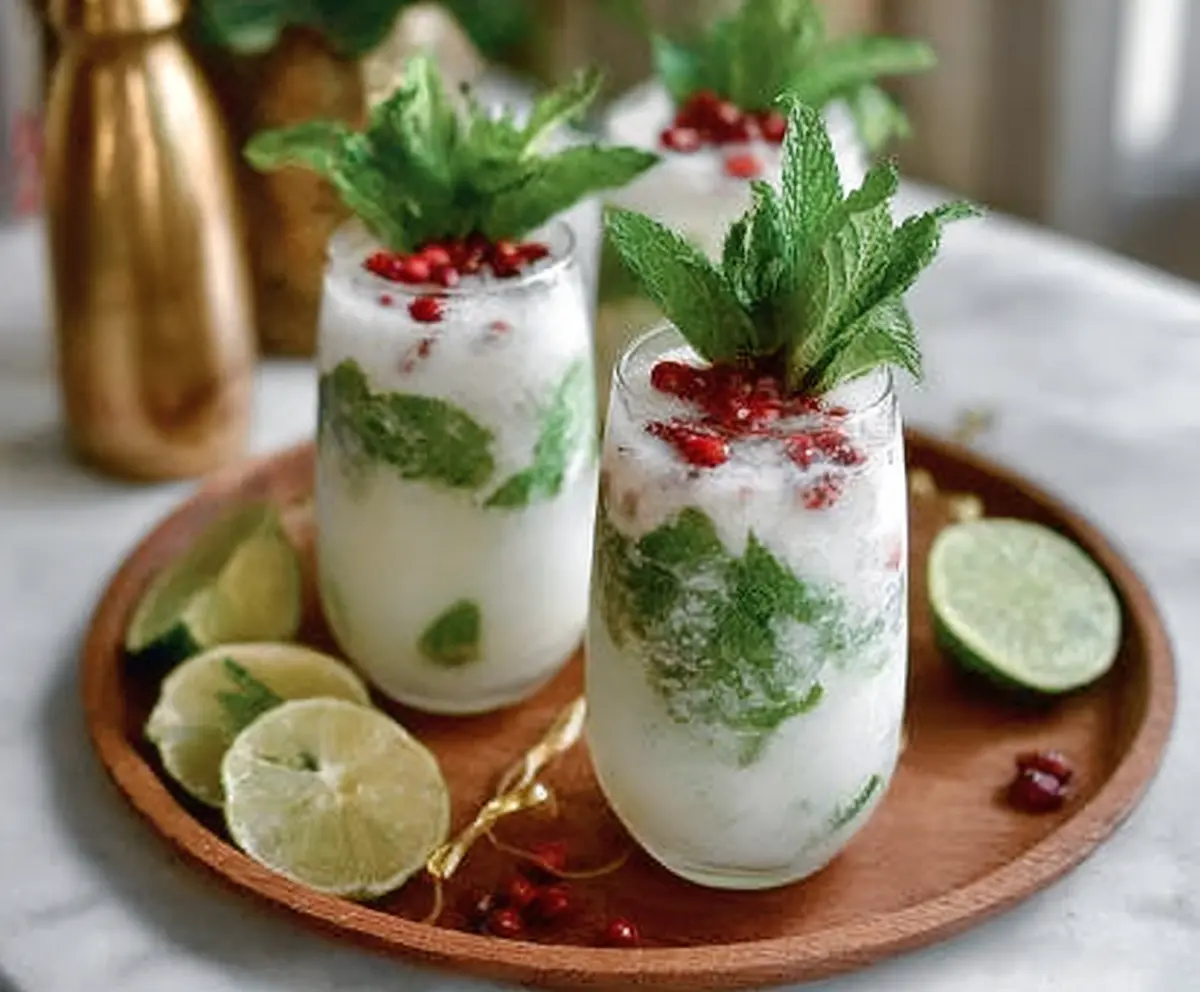 Refreshing White Christmas Mojitos served in elegant glasses with mint leaves and crushed ice.