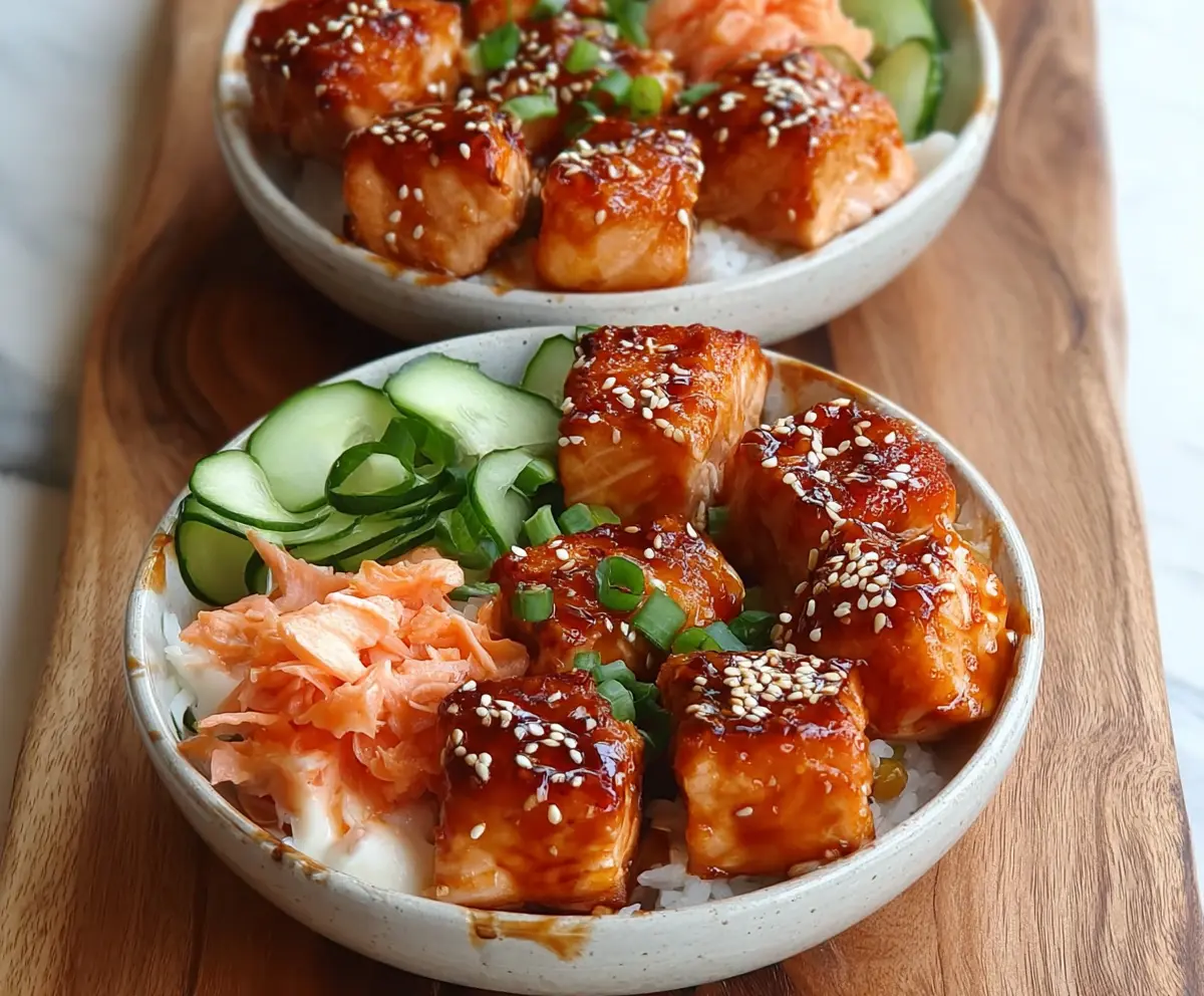 Delicious Bang Bang Salmon Bites served in colorful bowls with fresh vegetables and a spicy mayo sauce.