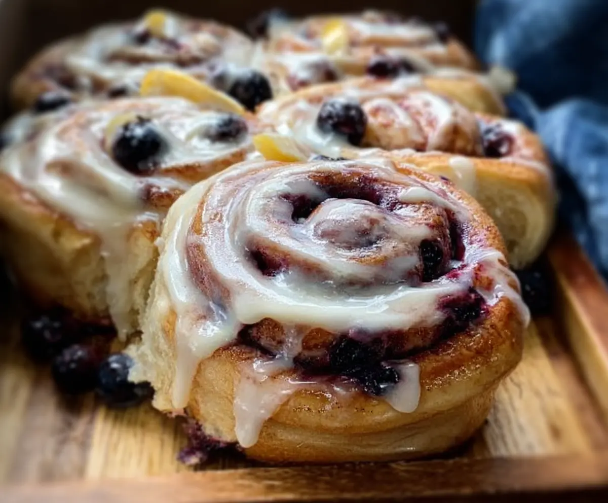 Fresh blueberry lemon sourdough sweet rolls on a plate with a lemon wedge and blueberries
