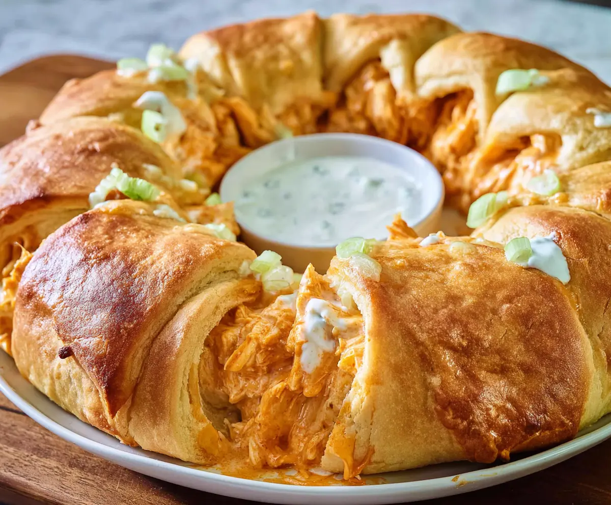 Delicious Buffalo Chicken Crescent Roll Ring garnished with fresh herbs, perfect for appetizer or snack.