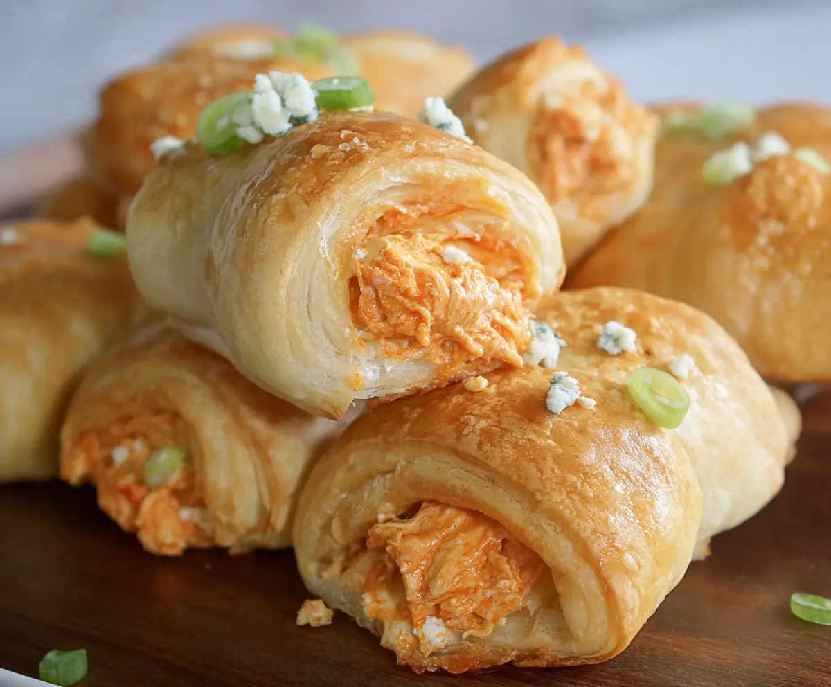 Delicious buffalo chicken crescent rolls garnished with fresh herbs on a white plate