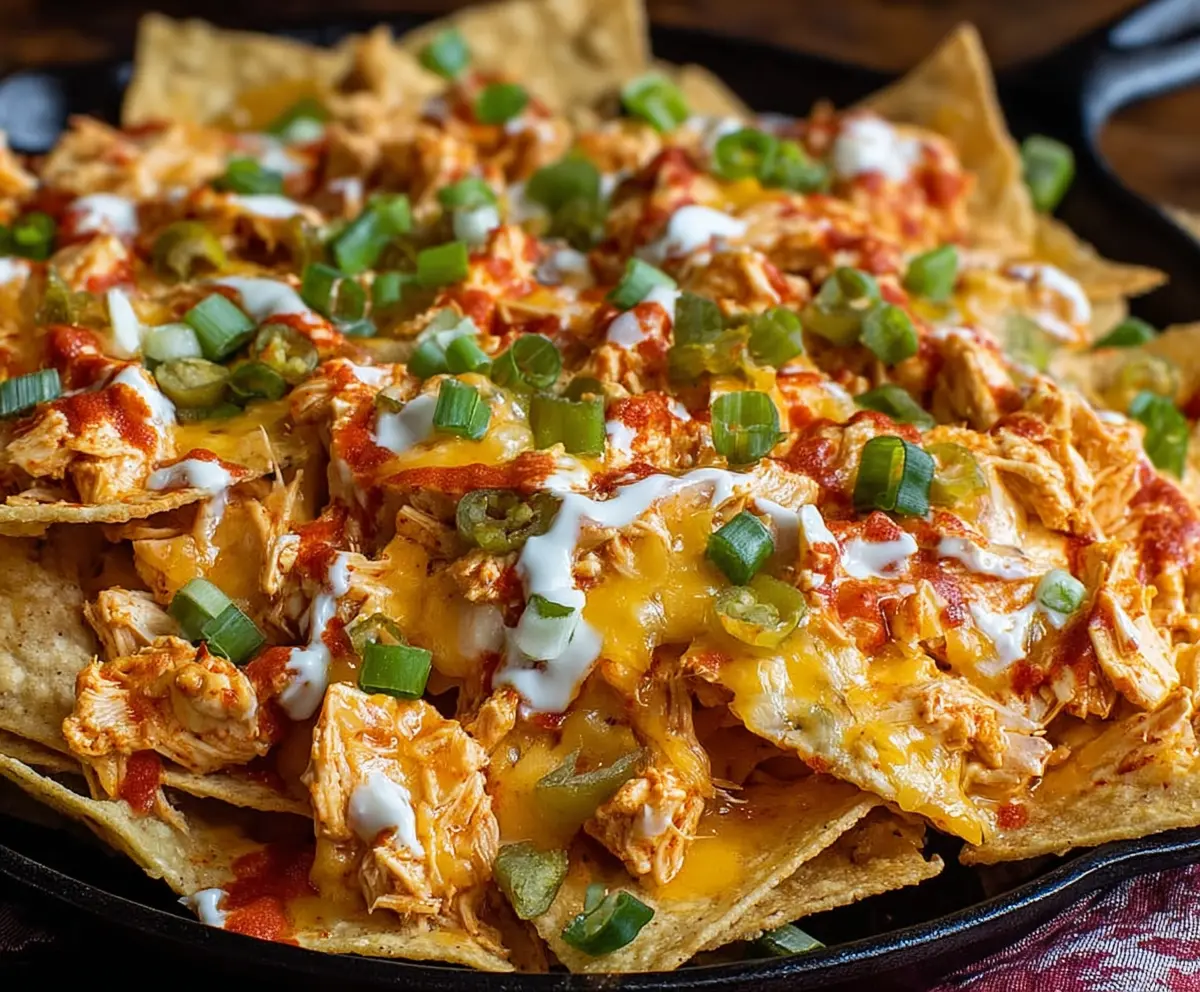 Delicious Buffalo Chicken Dip Loaded Nachos with melted cheese, spicy chicken, and crispy tortilla chips